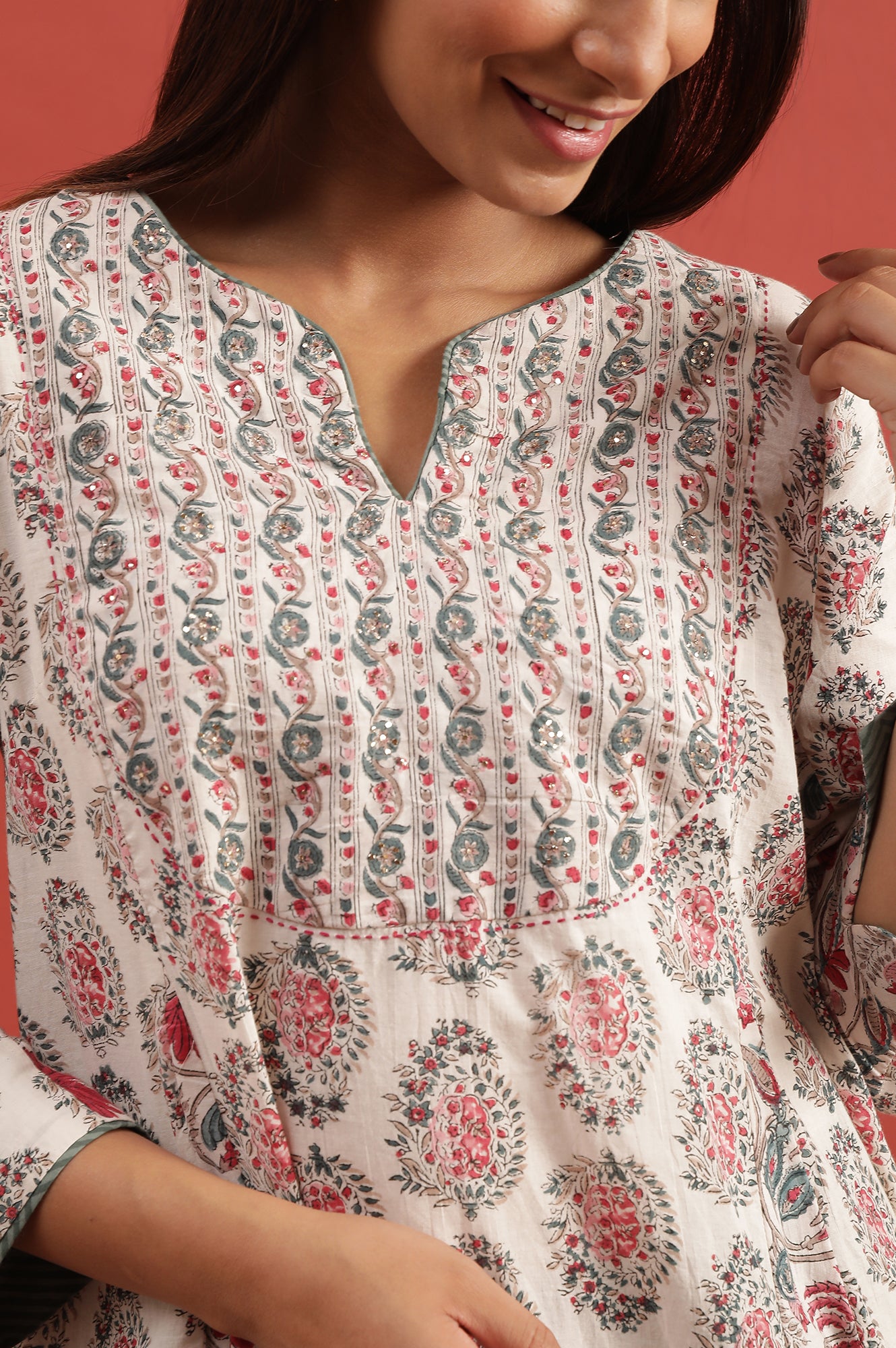 White Multi-Coloured Hand Block Print Flared Kurta