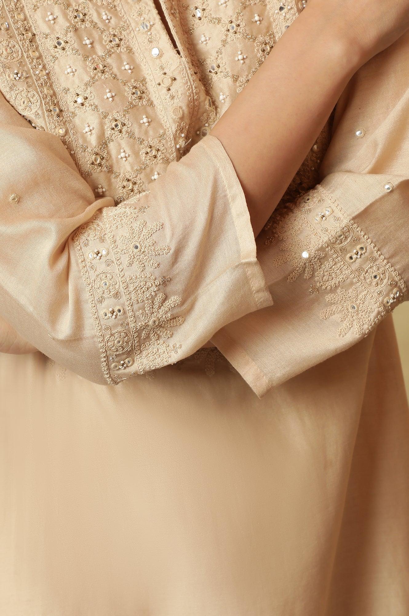 Beige Dori Embroidered Cotton Silk Kurta - wforwoman