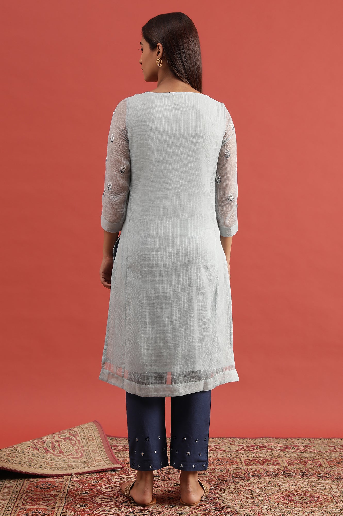 Blue Cotton Silk Kota Tepchi Embroidery Kurta