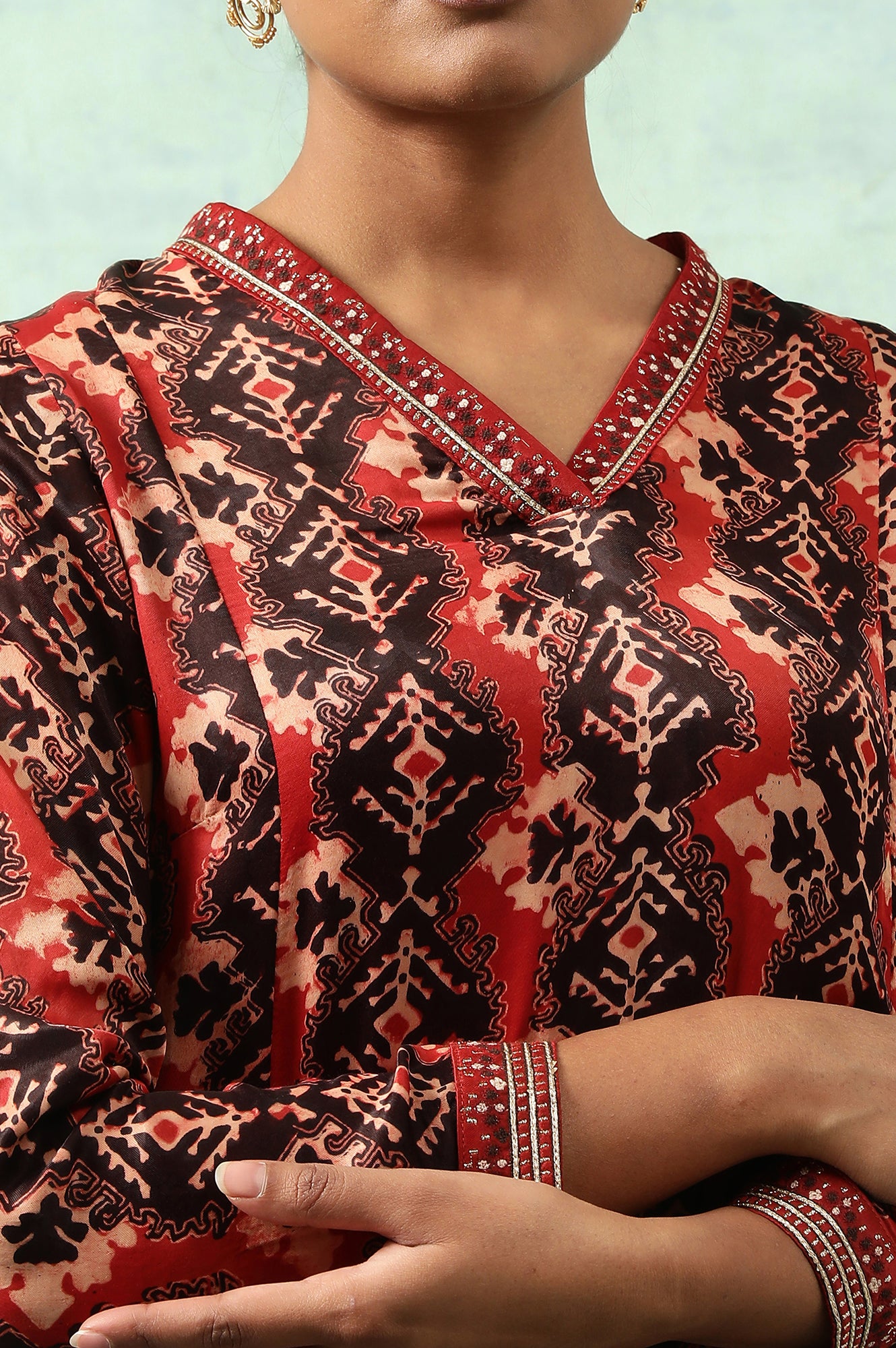 Brick Red Flared Ajrakh Print Satin kurta