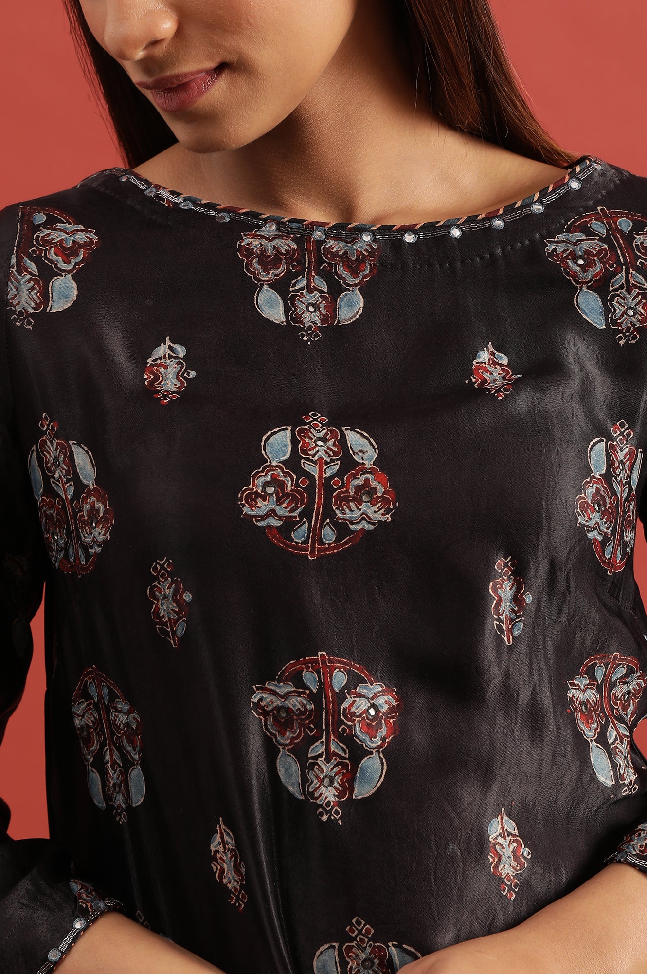 Dark Brown Ajrakh Print Kurta In Modal Satin