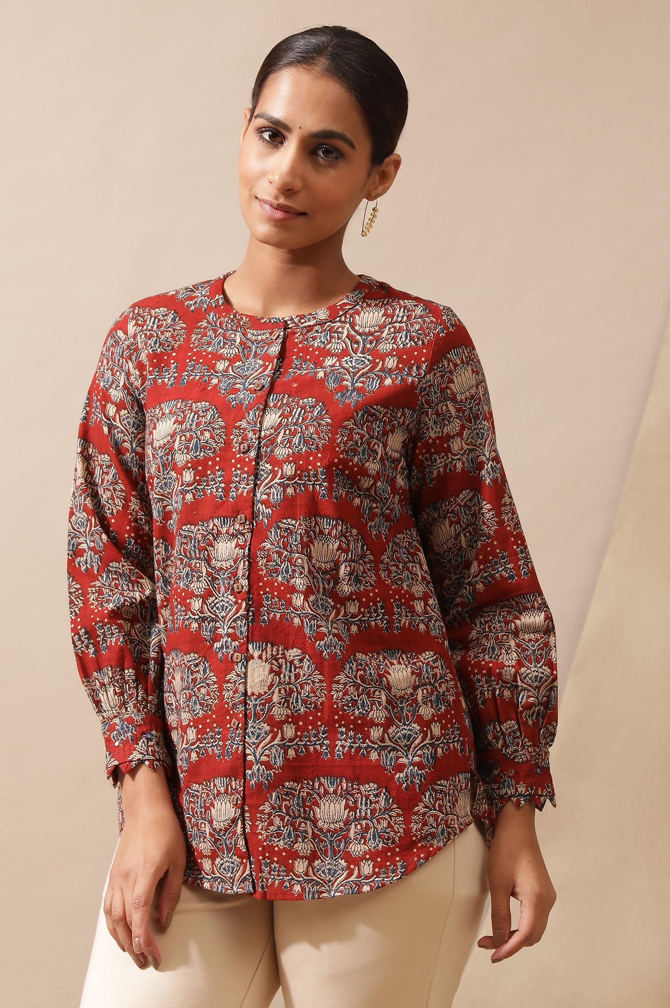 Red Shirt In Hand Block Kalamkari Print
