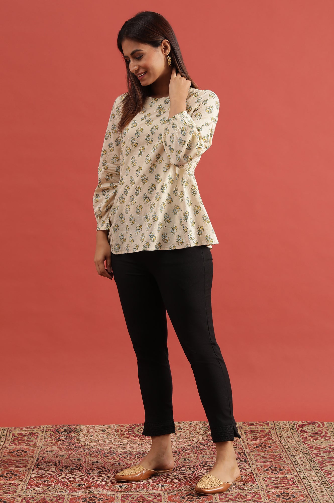 Ecru Hand Block Printed Round Neck Top