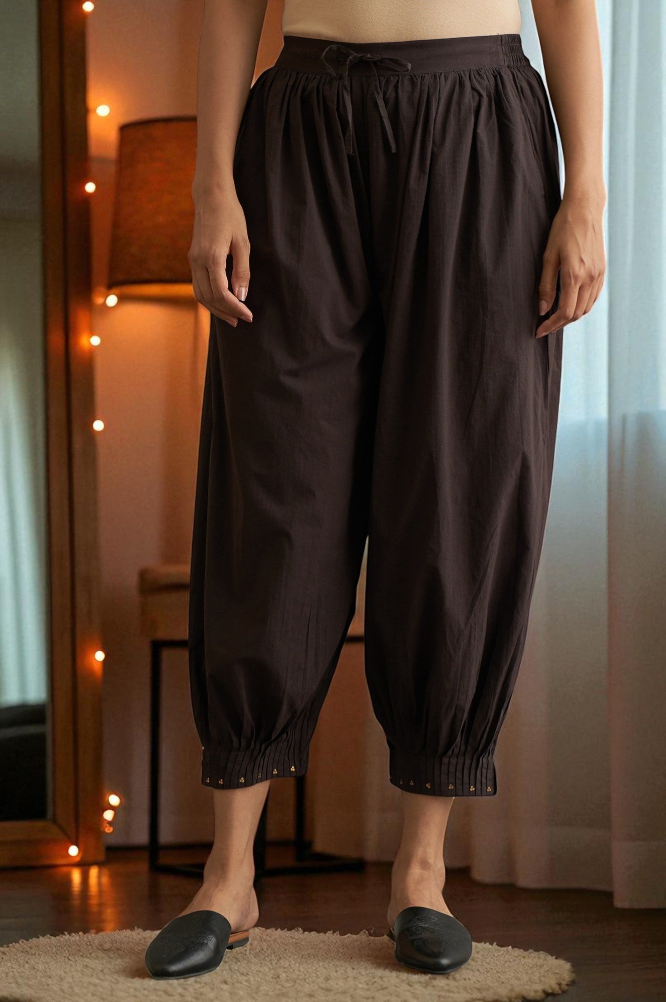 Dark Brown Pleated Hem Salwar Pants