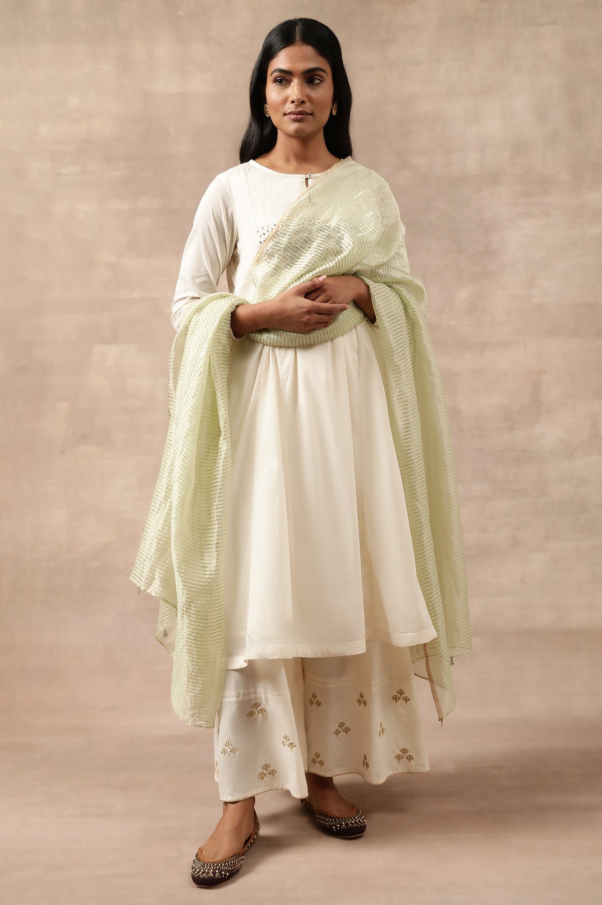 Green Striped Woven Gold Borders Silk Dupatta