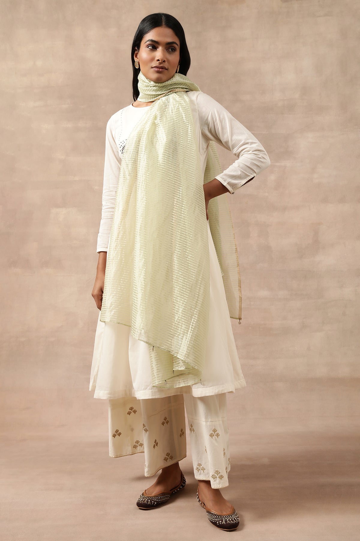 Green Striped Woven Gold Borders Silk Dupatta