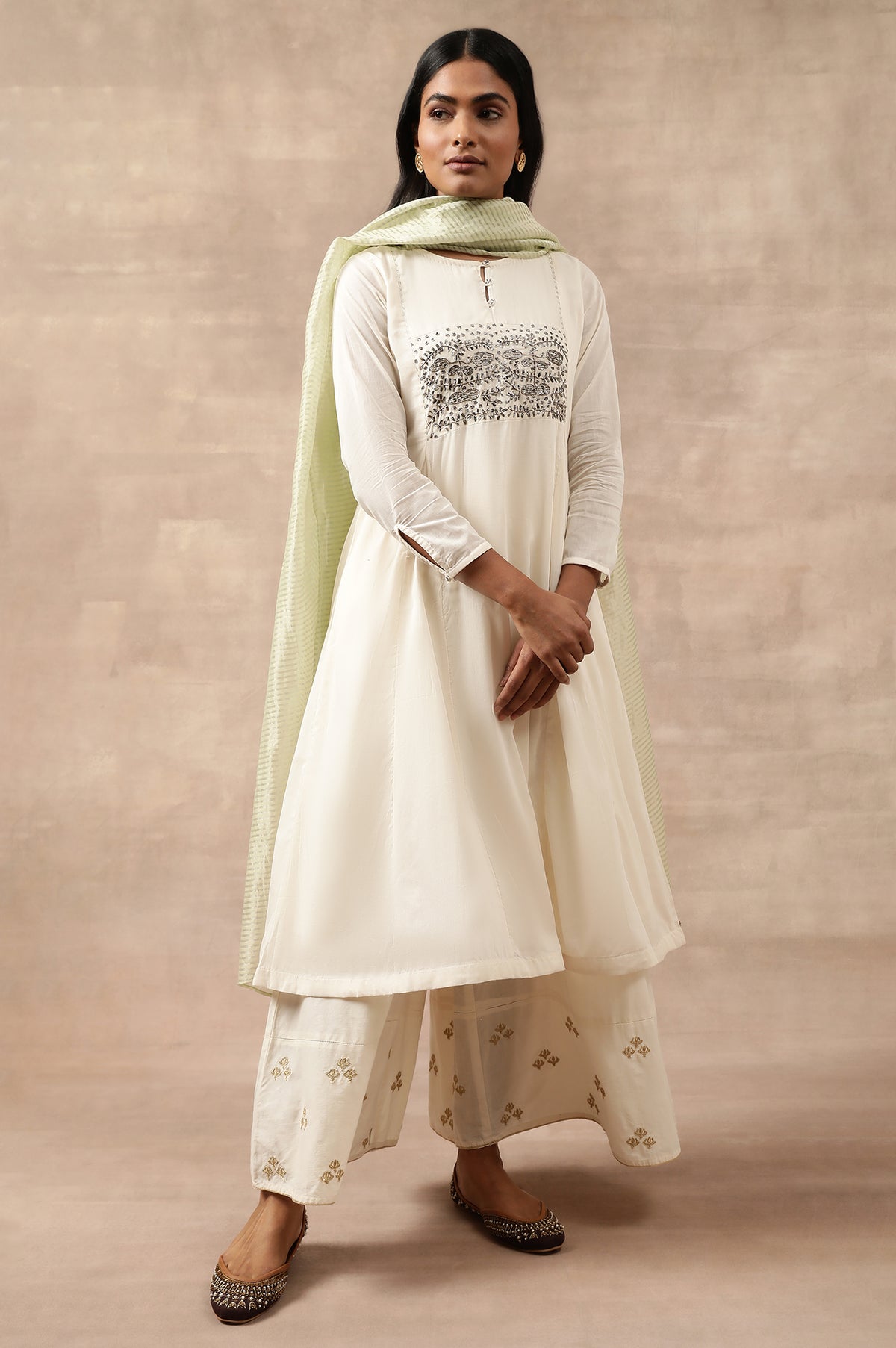 Green Striped Woven Gold Borders Silk Dupatta