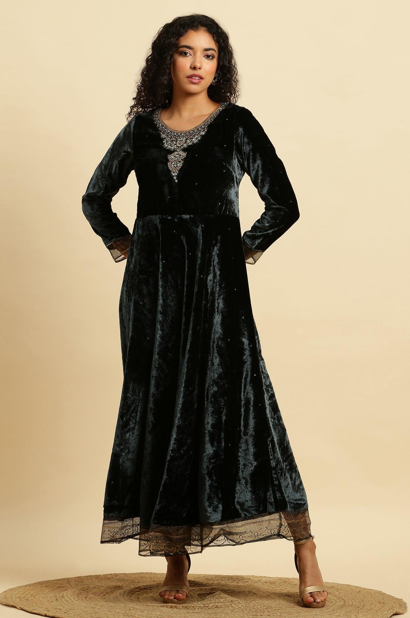 Buy Green Velvet Embroidered Festive Dress Online for Woman | WforWoman Buy Green Velvet Embroidered Festive Dress Online for Woman | WforWoman