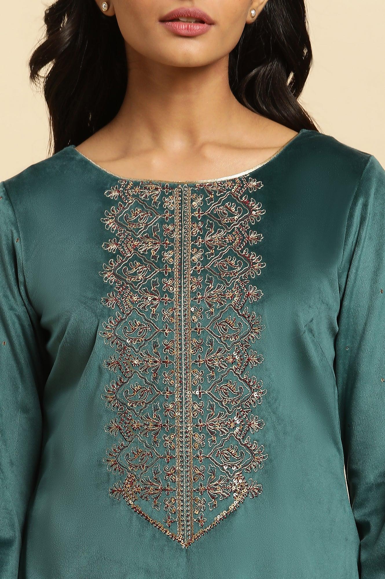 Teal Green Velvet Embroidered Festive Winter Kurta - wforwoman