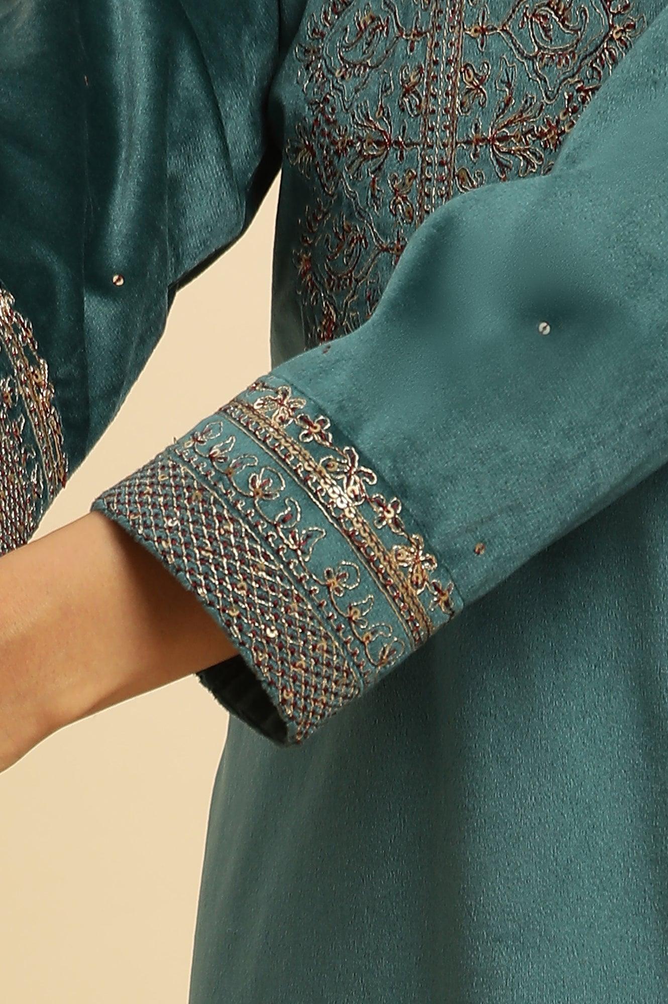 Teal Green Velvet Embroidered Festive Winter Kurta - wforwoman