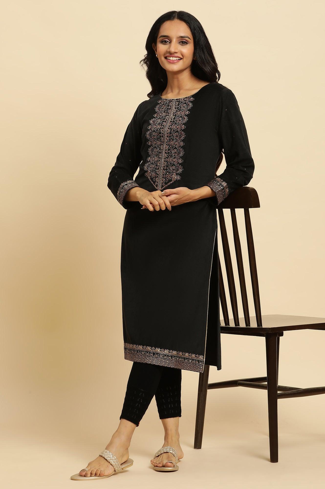 Black Velvet Embroidered Festive Winter Kurta - wforwoman