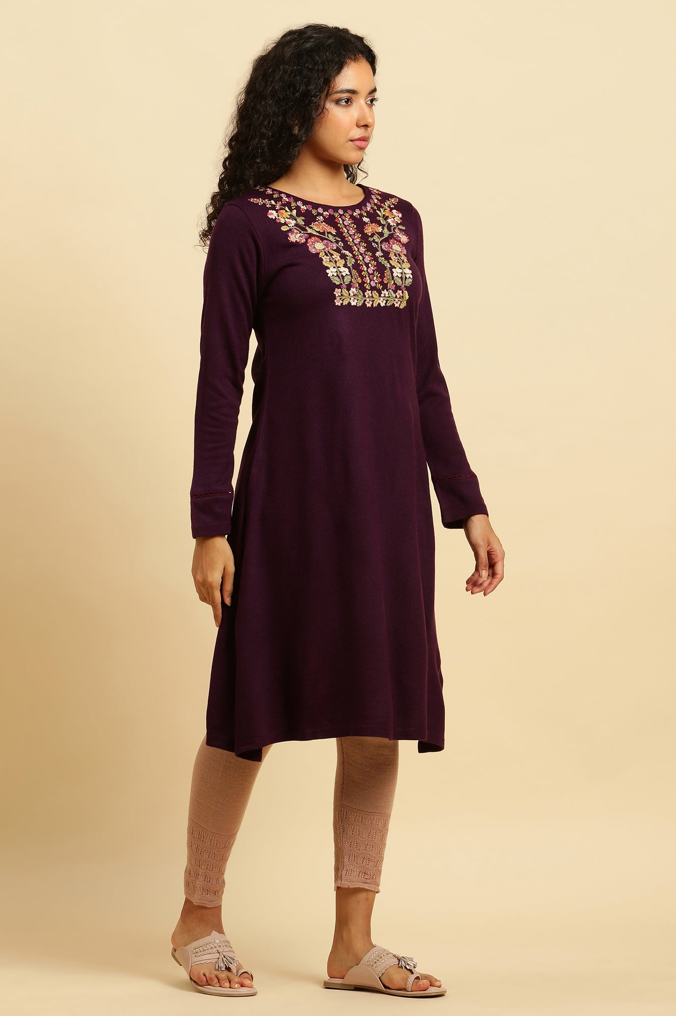 Purple Floral Embroidered Winter Kurta