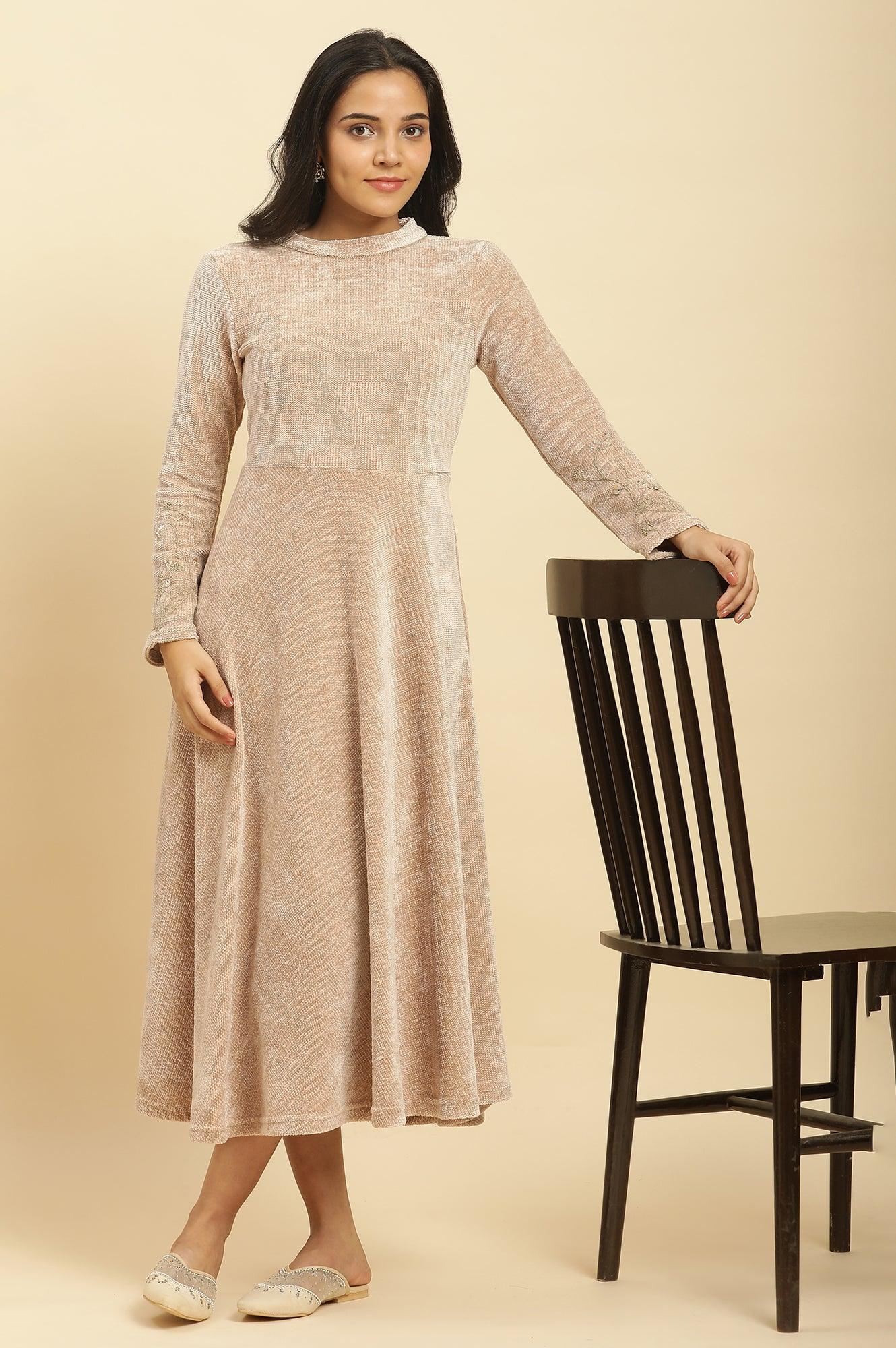 Buy Cream Knitted Circular Flared Winter Dress Online for Woman | WforWoman Buy Cream Knitted Circular Flared Winter Dress Online for Woman | WforWoman