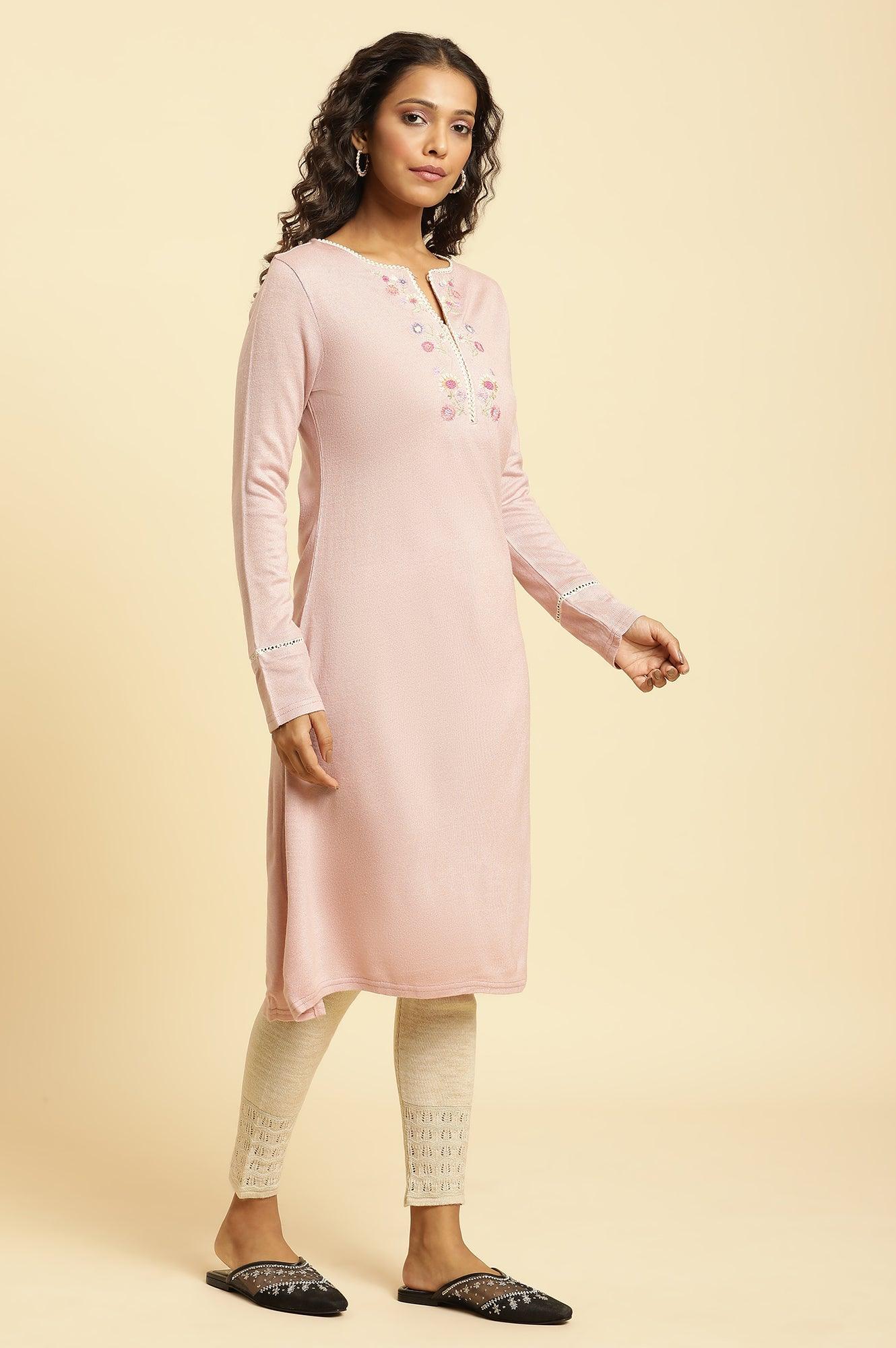Lotus Pink Embroidered Winter Kurta - wforwoman