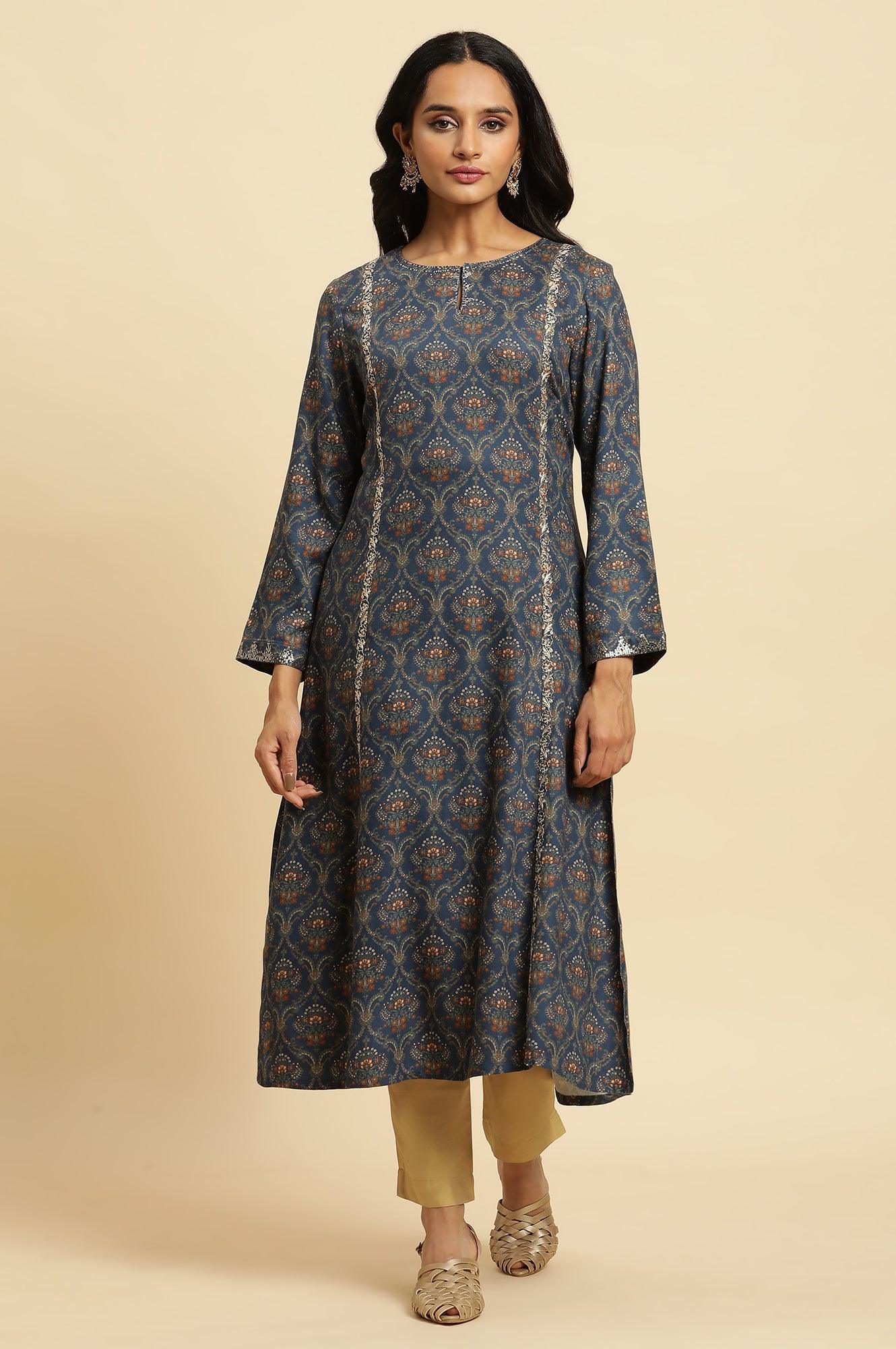 Blue Flared Booti Printed Winter Kurta - wforwoman