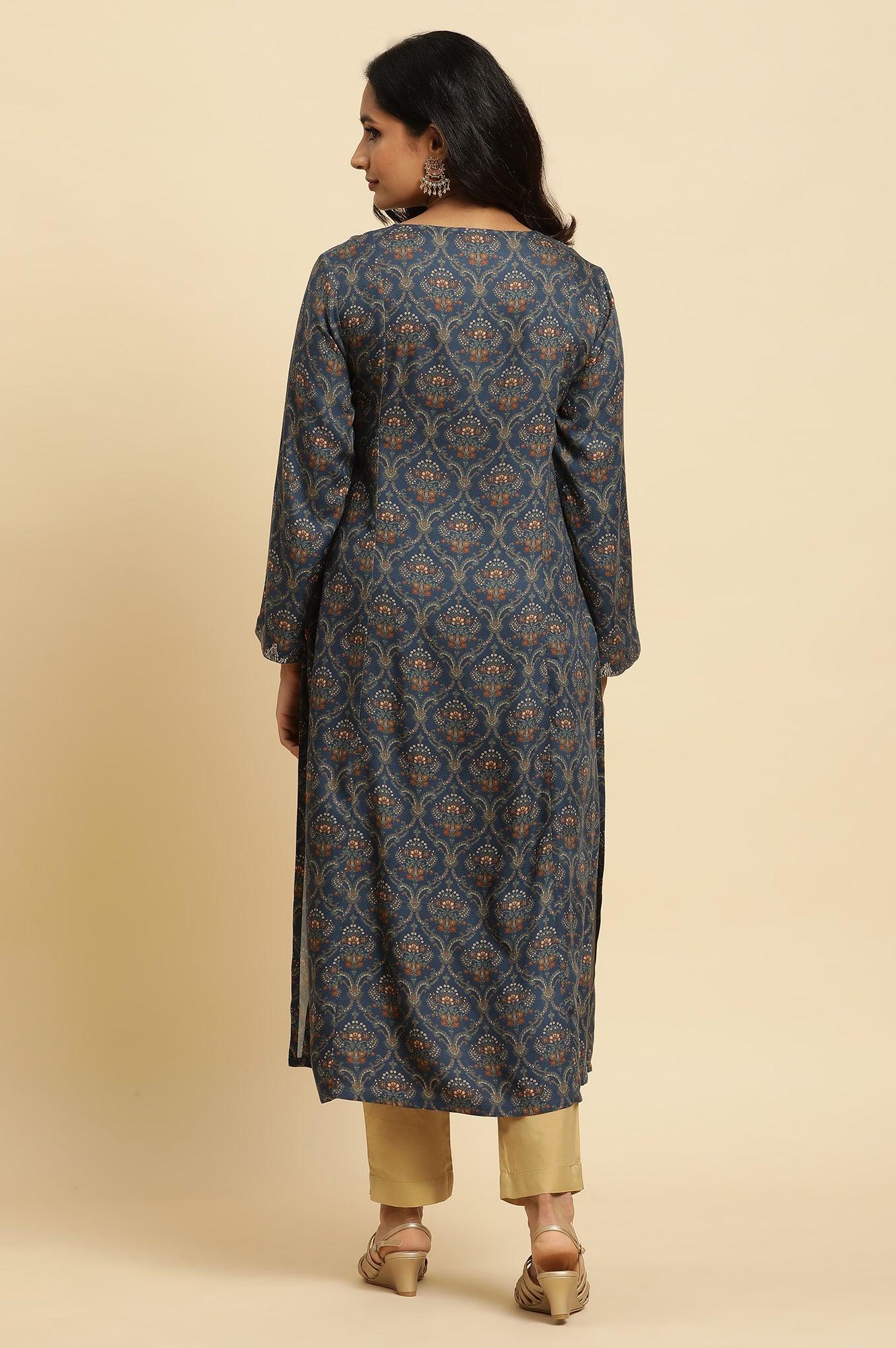 Blue Flared Booti Printed Winter Kurta - wforwoman