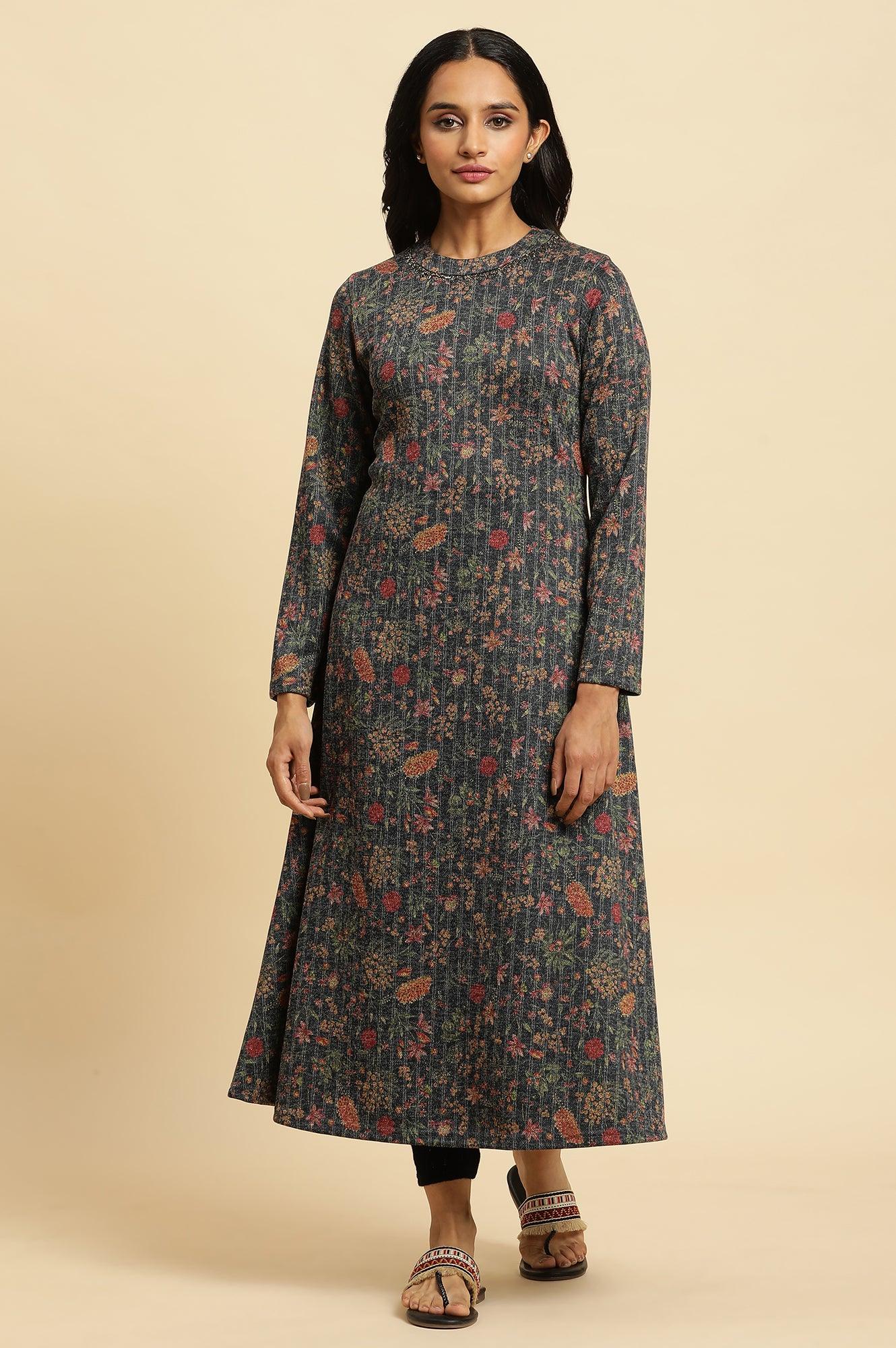 Blue A-Line Printed Winter Kurta - wforwoman