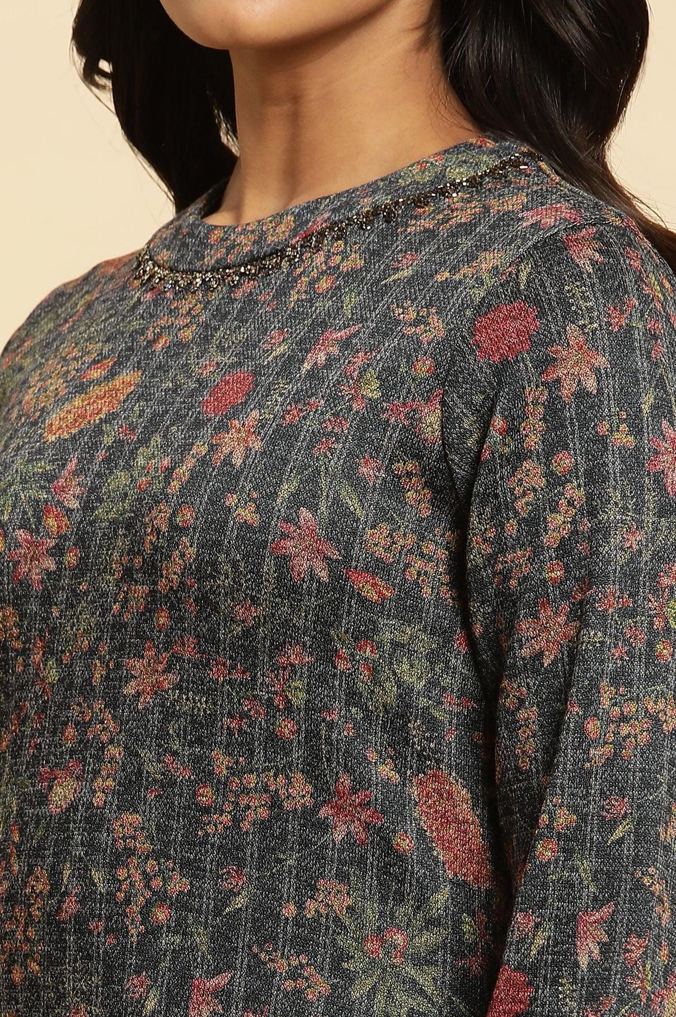 Blue A-Line Printed Winter Kurta - wforwoman