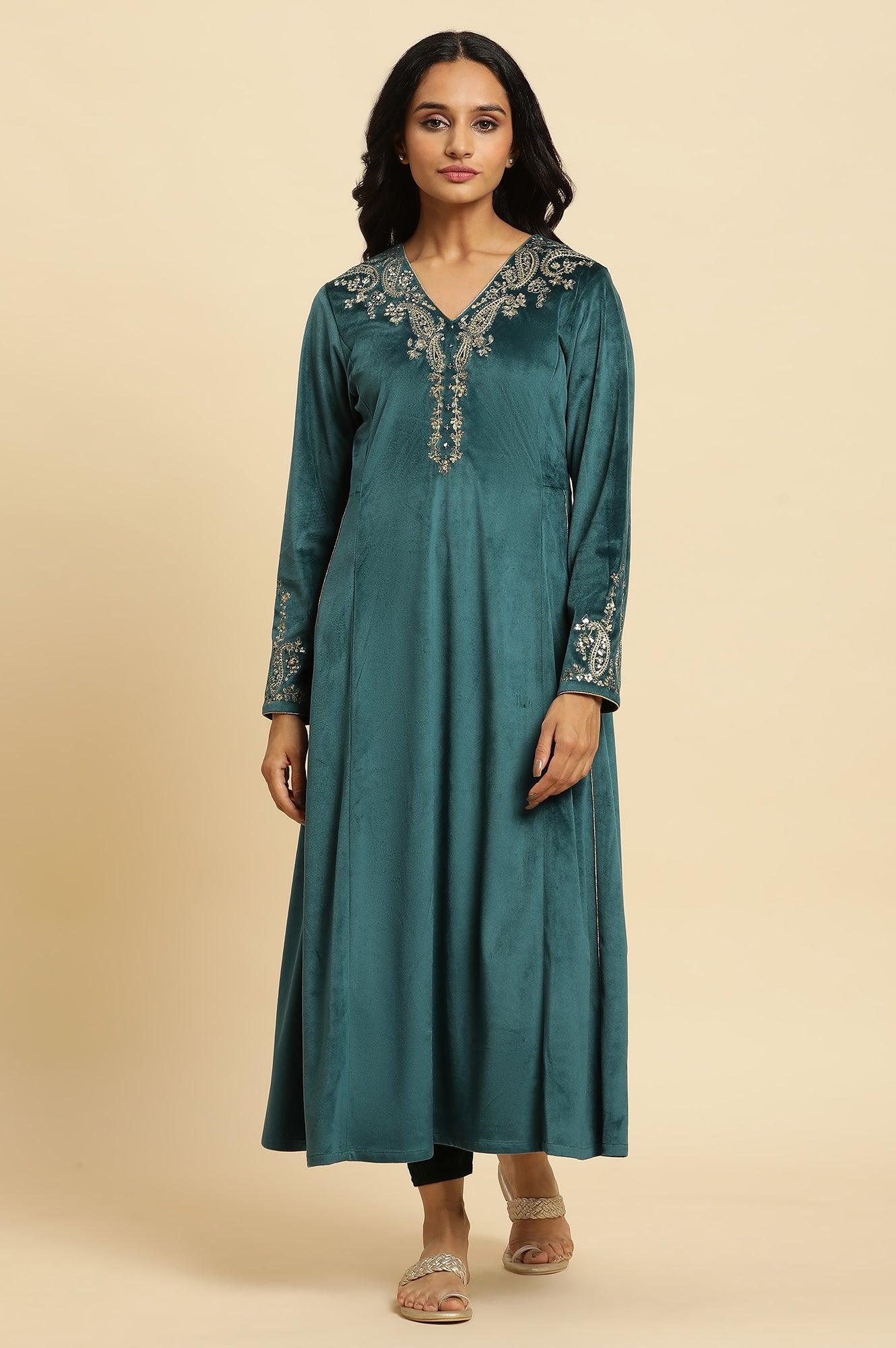 Teal Green Embroidered Flared Velvet Kurta - wforwoman
