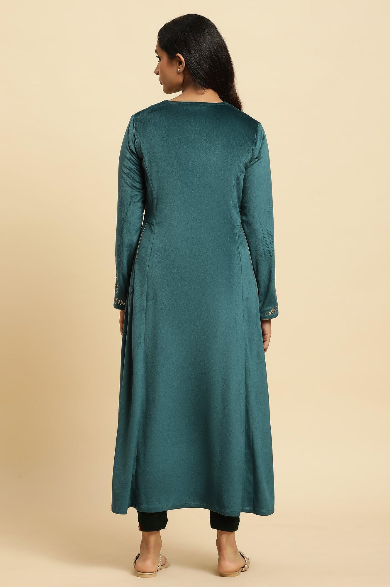 Teal Green Embroidered Flared Velvet Kurta - wforwoman