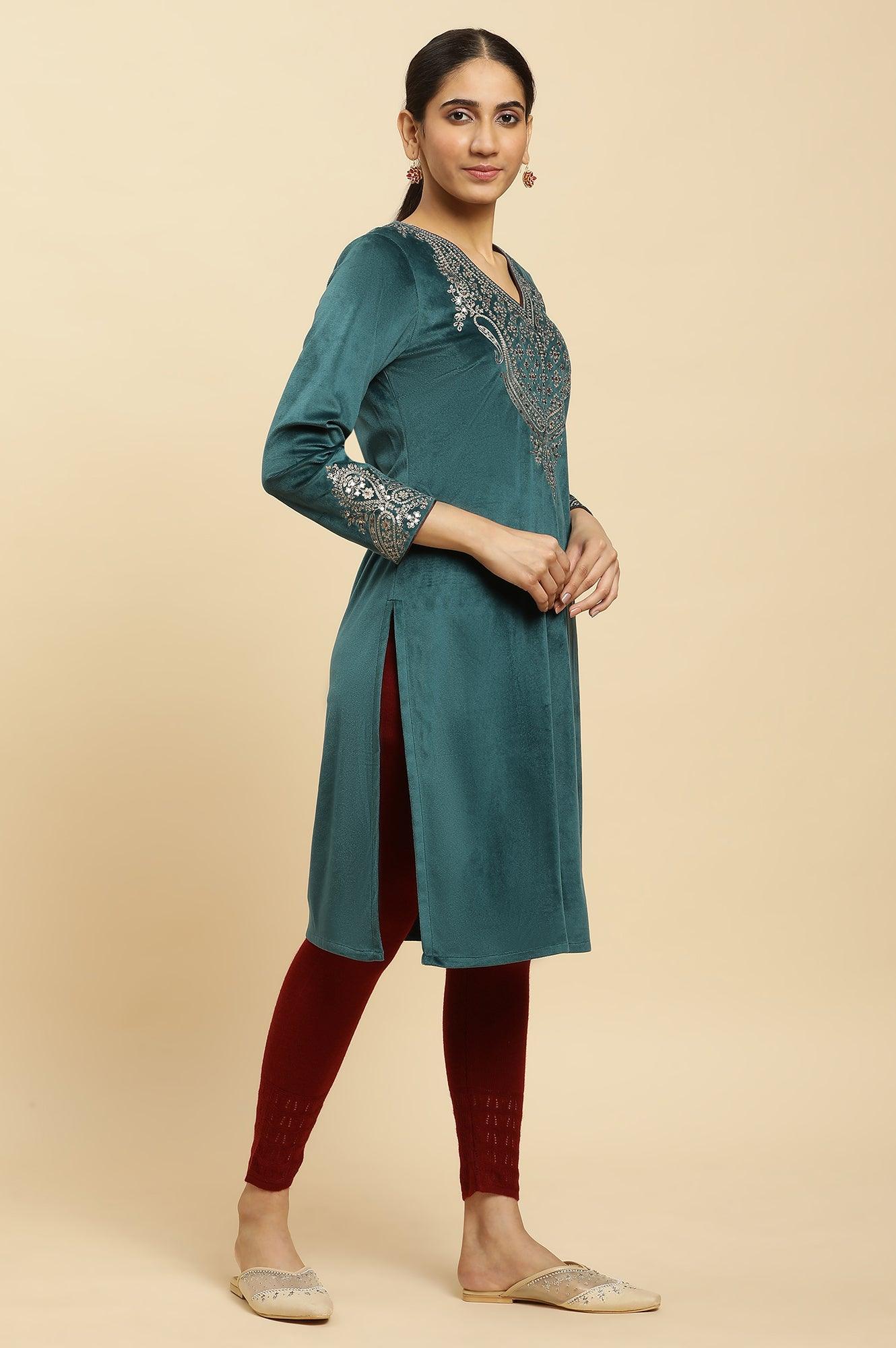 Teal Green Embroidered Velvet Winter Kurta - wforwoman