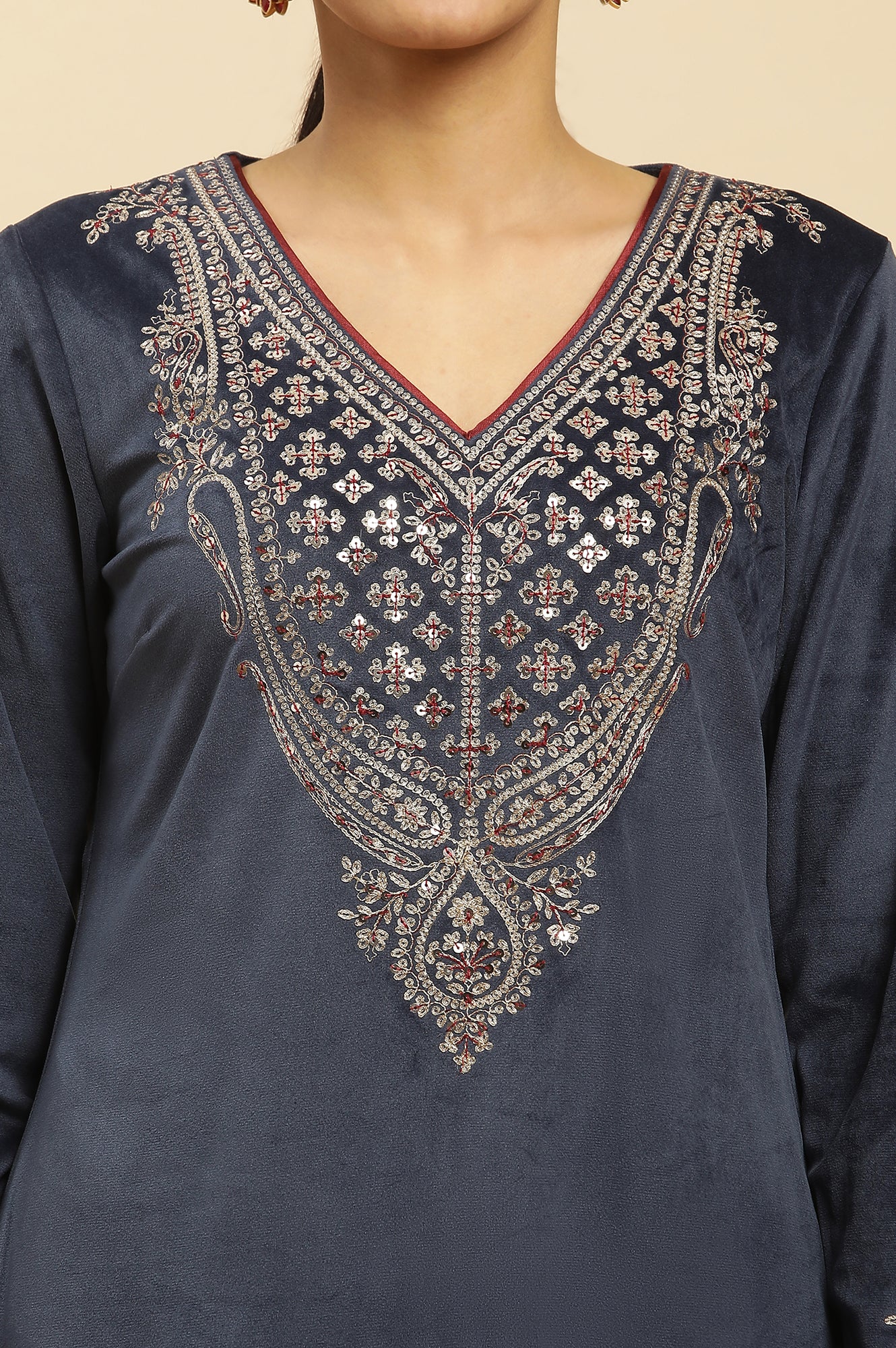 Blue Embroidered Flared Velvet Winter Kurta
