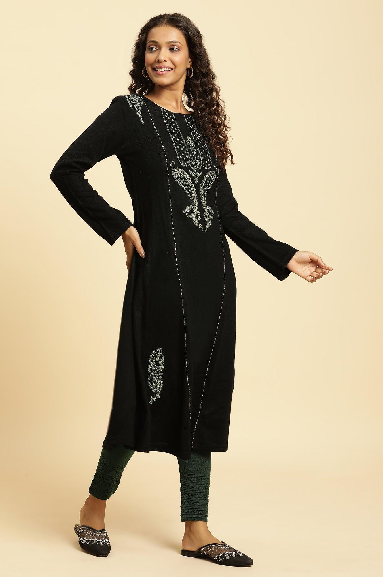 Black Paisley Embroidered Winter Flared Kurta And Tights Set - wforwoman
