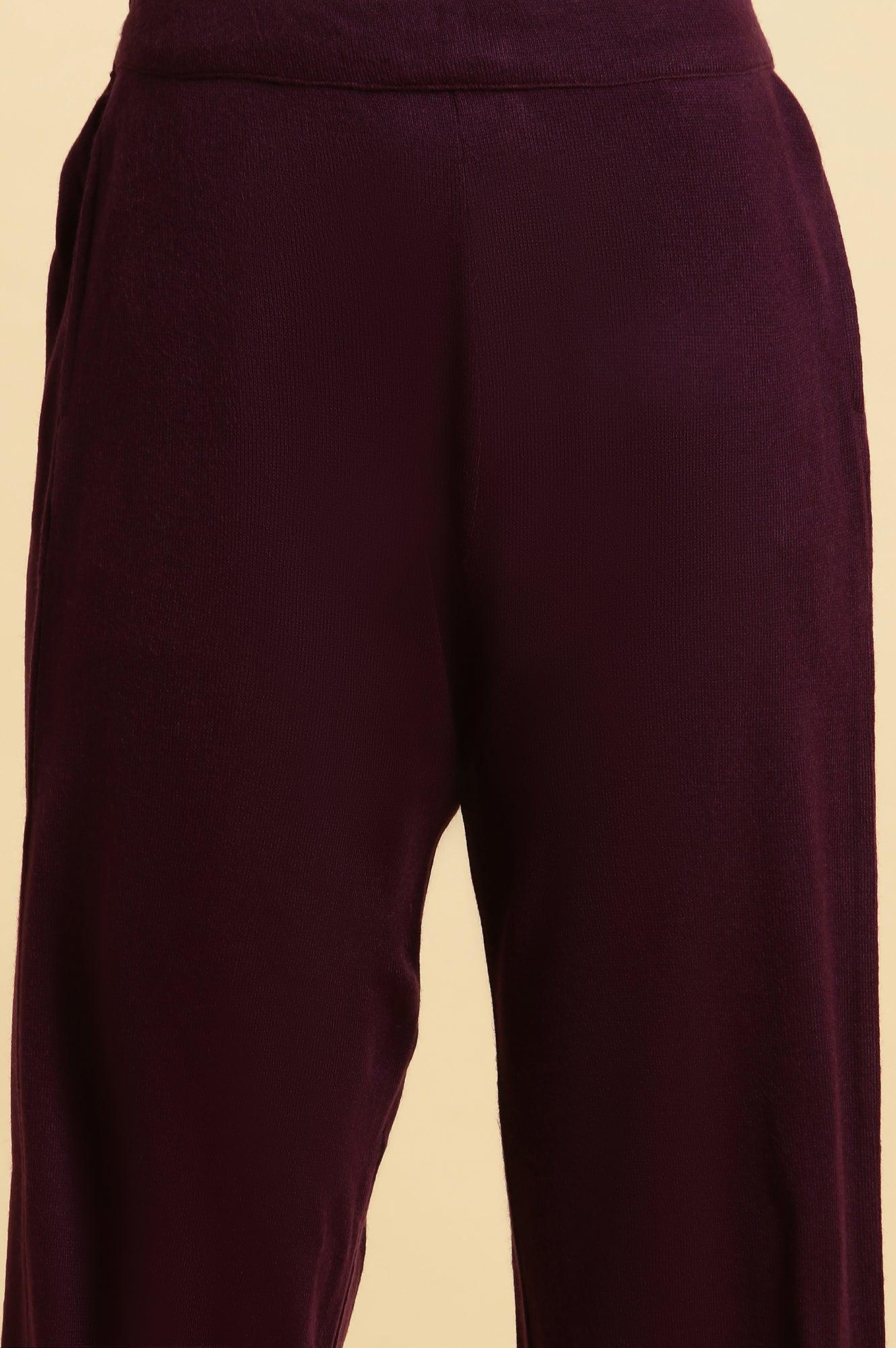 Purple Embroidered Asymmetrical Winter Kurta And Pants Set - wforwoman