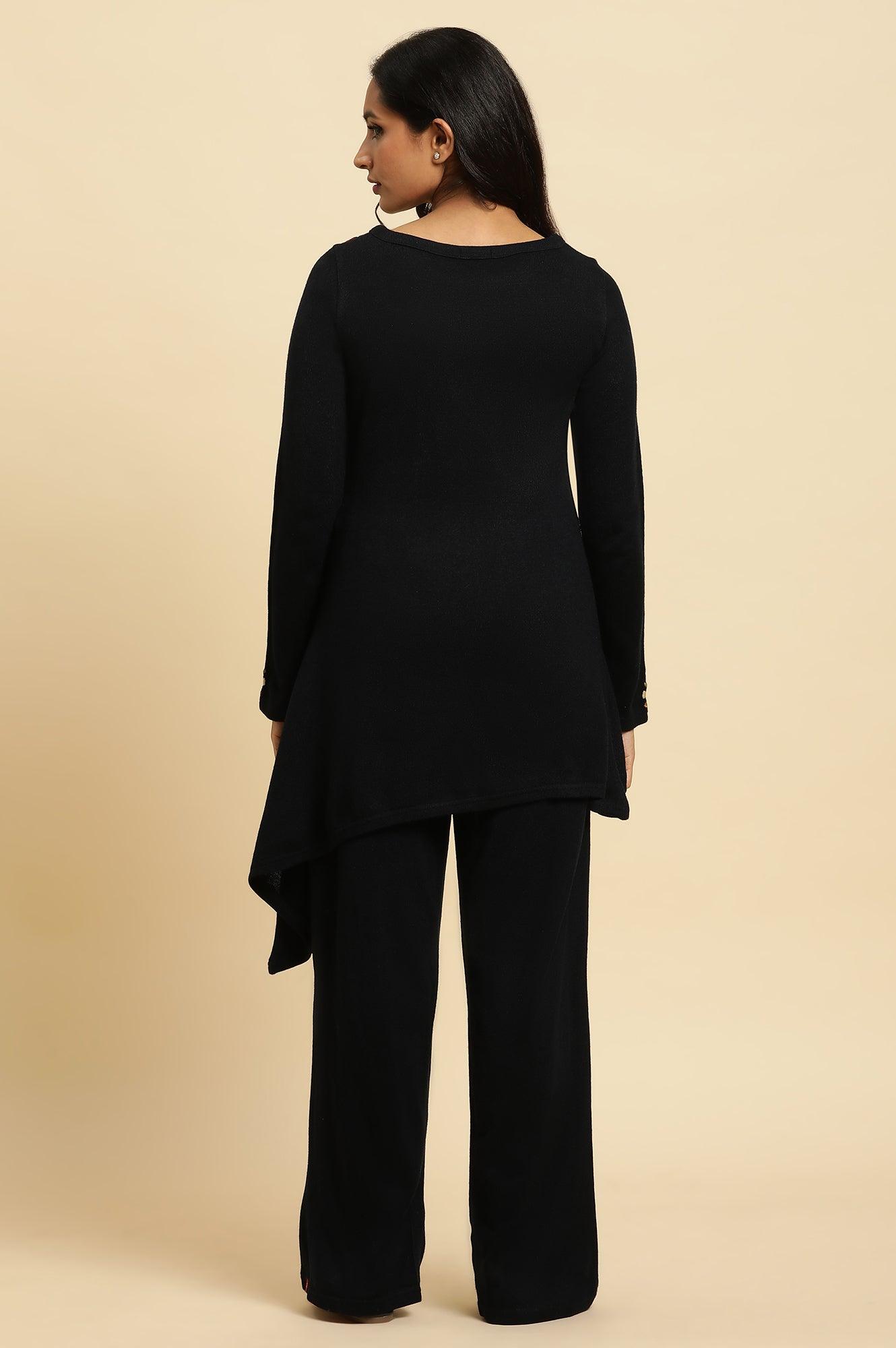 Navy Embroidered Asymmetrical Winter Kurta And Parallel Pants Set - wforwoman