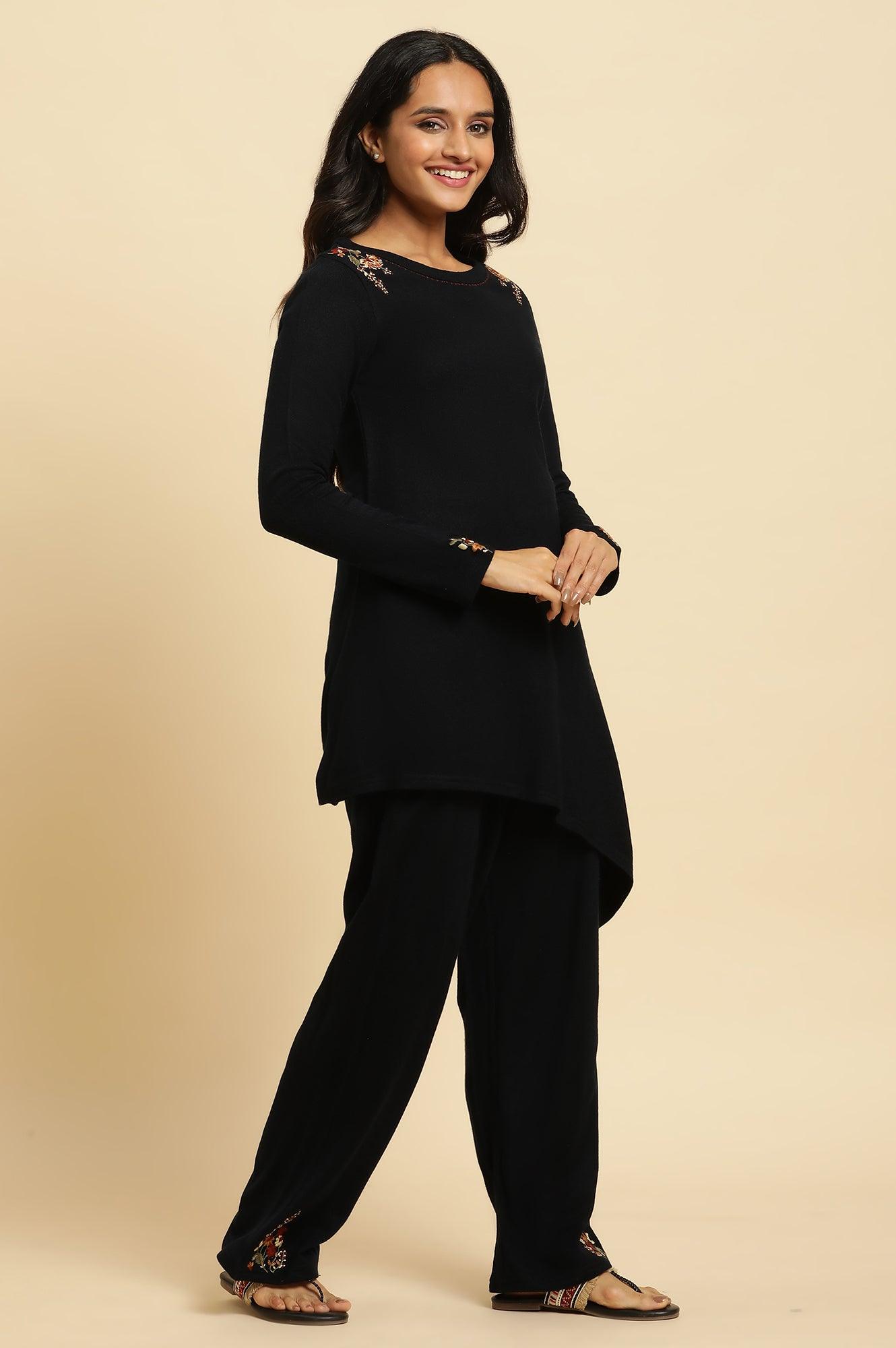 Navy Embroidered Asymmetrical Winter Kurta And Parallel Pants Set - wforwoman