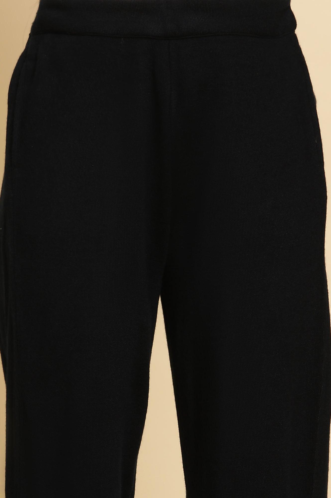 Navy Embroidered Asymmetrical Winter Kurta And Parallel Pants Set - wforwoman