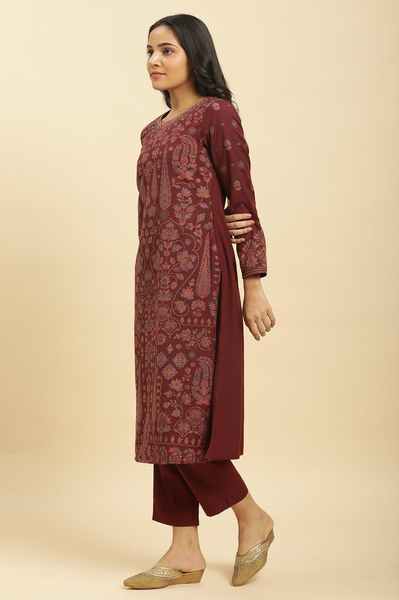 Maroon Printed Acrylic Kurta, Pants And Shawl Set - wforwoman
