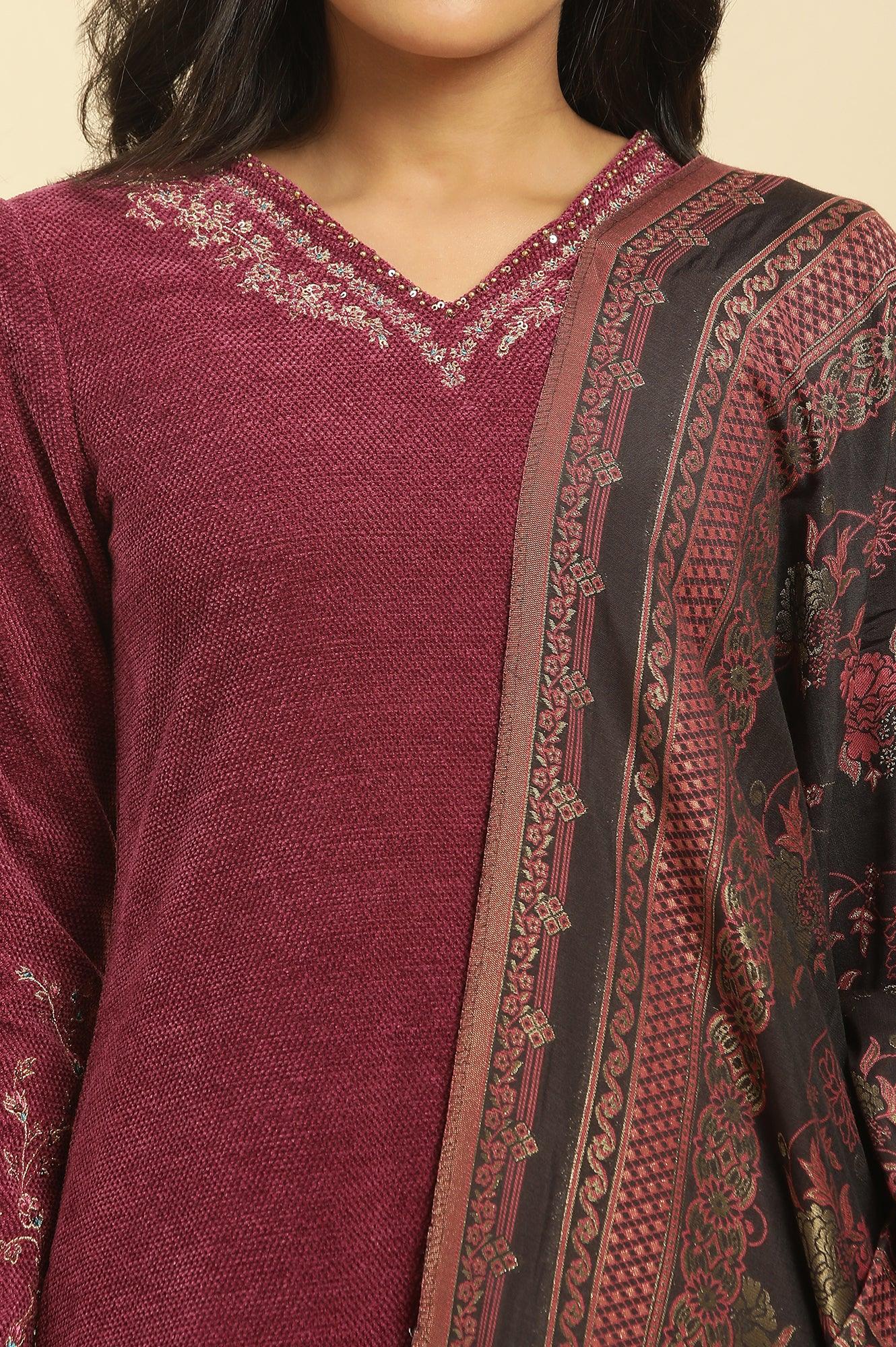 Red Zari Embroidered Kurta, Pants And Jacquard Dupatta Set - wforwoman