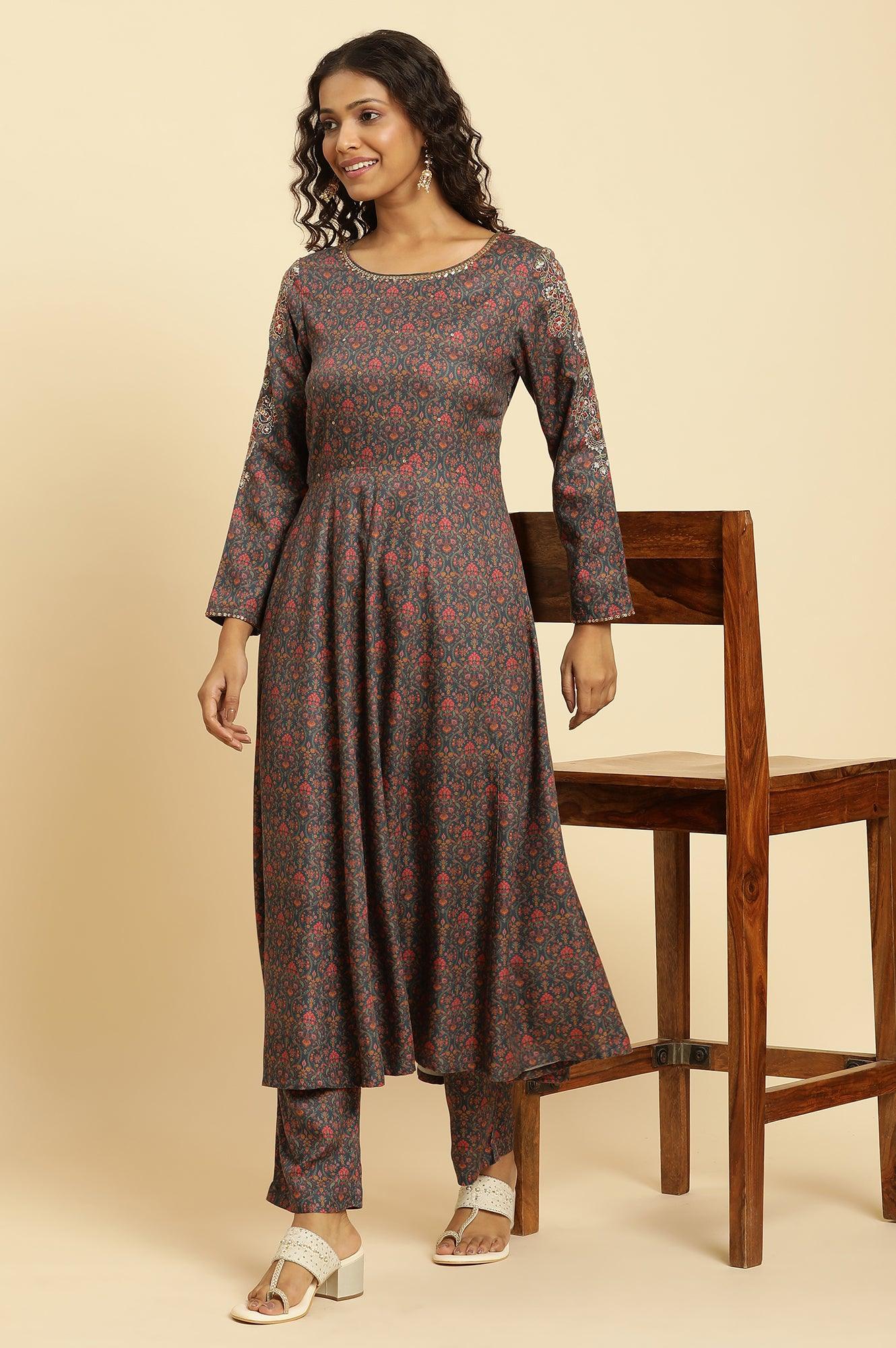 Blue Embellished Flared Kurta And Pants Set - wforwoman