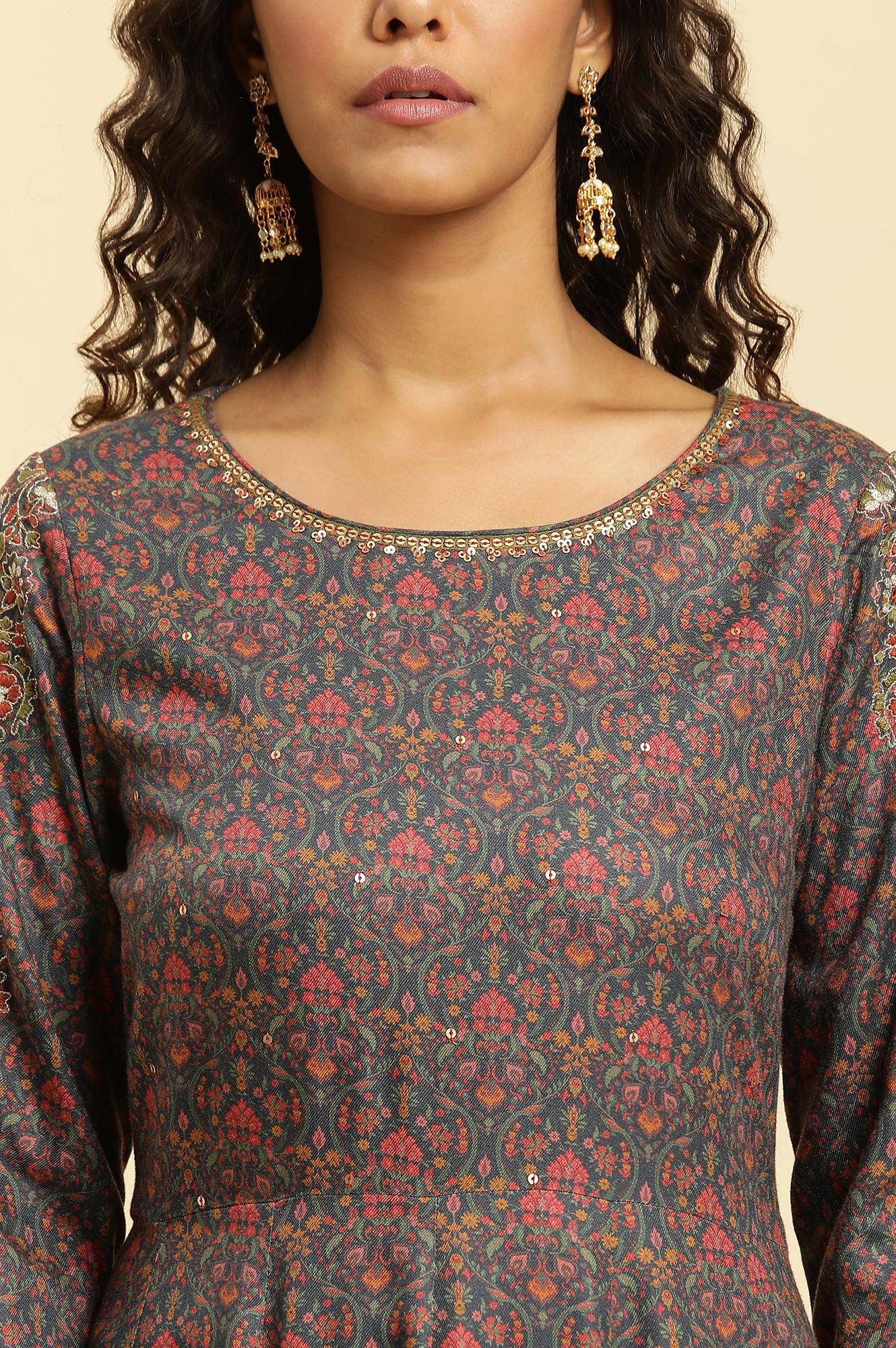 Blue Embellished Flared Kurta And Pants Set - wforwoman