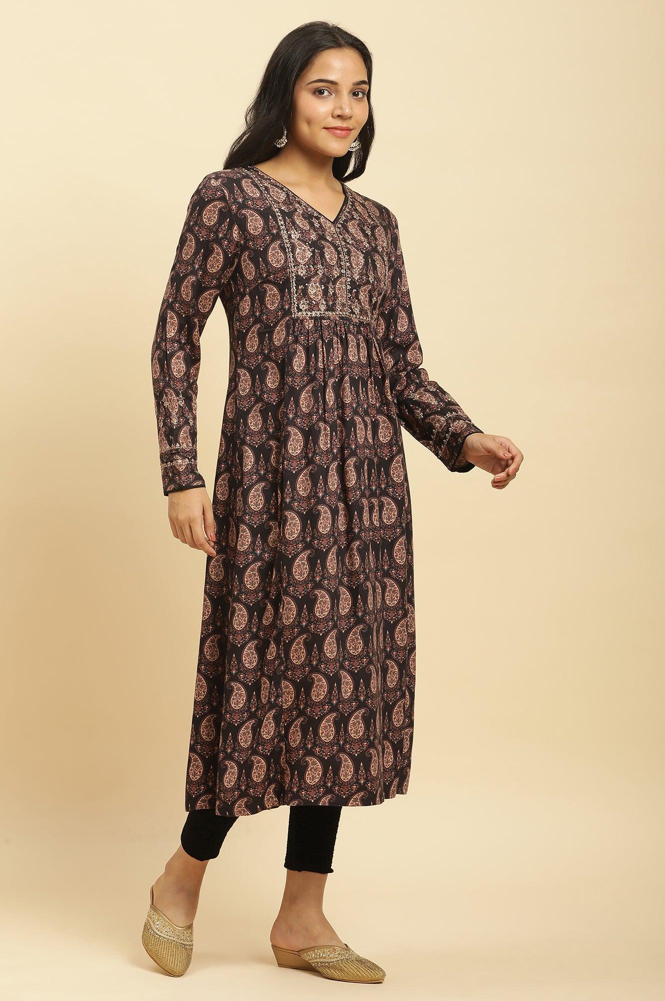 Black Paisley Printed Winter Kurta And Tights Set - wforwoman