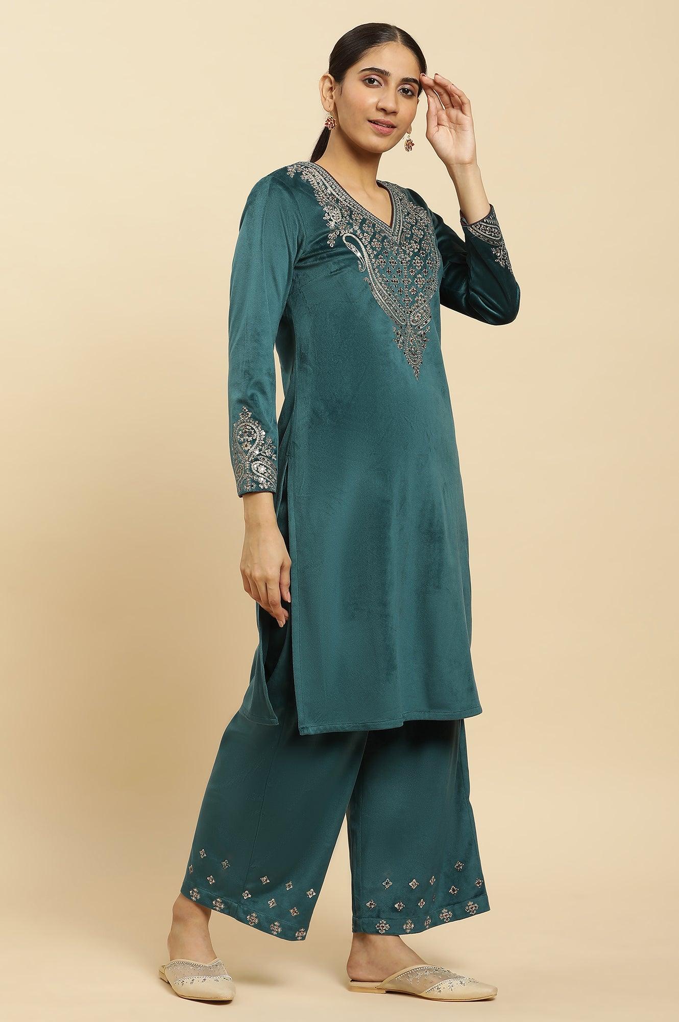 Blue Embroidered Velvet Winter Kurta, Pants And Shawl Set - wforwoman
