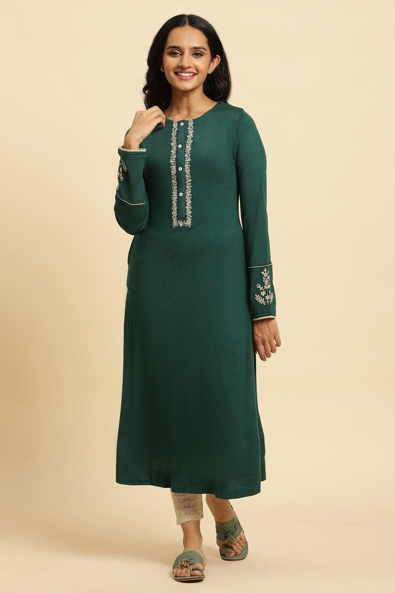 Emerald Green Embroidered Winter Kurta And Tights Set - wforwoman