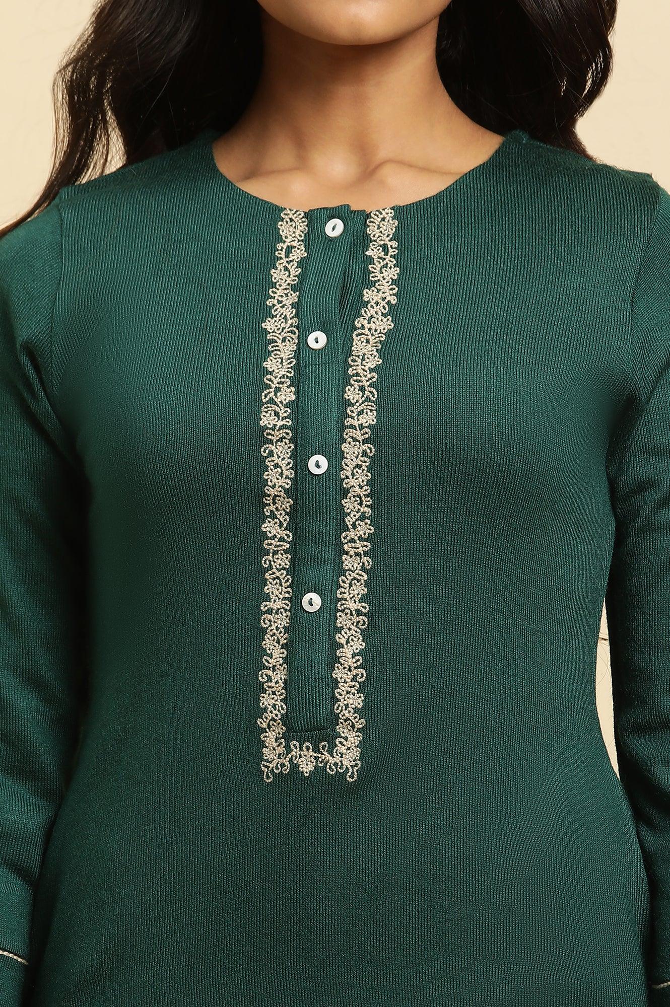 Emerald Green Embroidered Winter Kurta And Tights Set - wforwoman