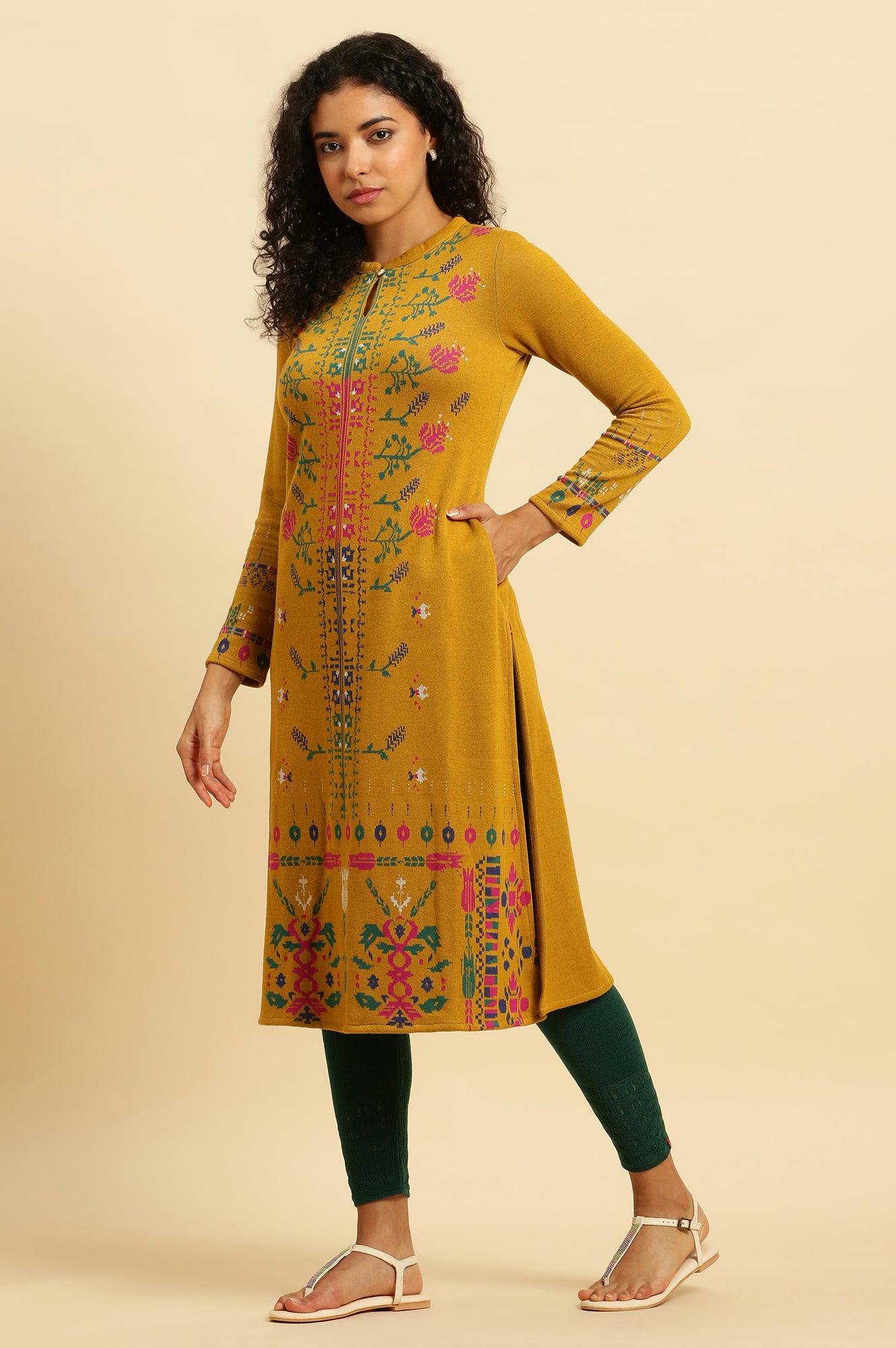 Yellow Geometric Printed Winter Kurta And Tights Set - wforwoman