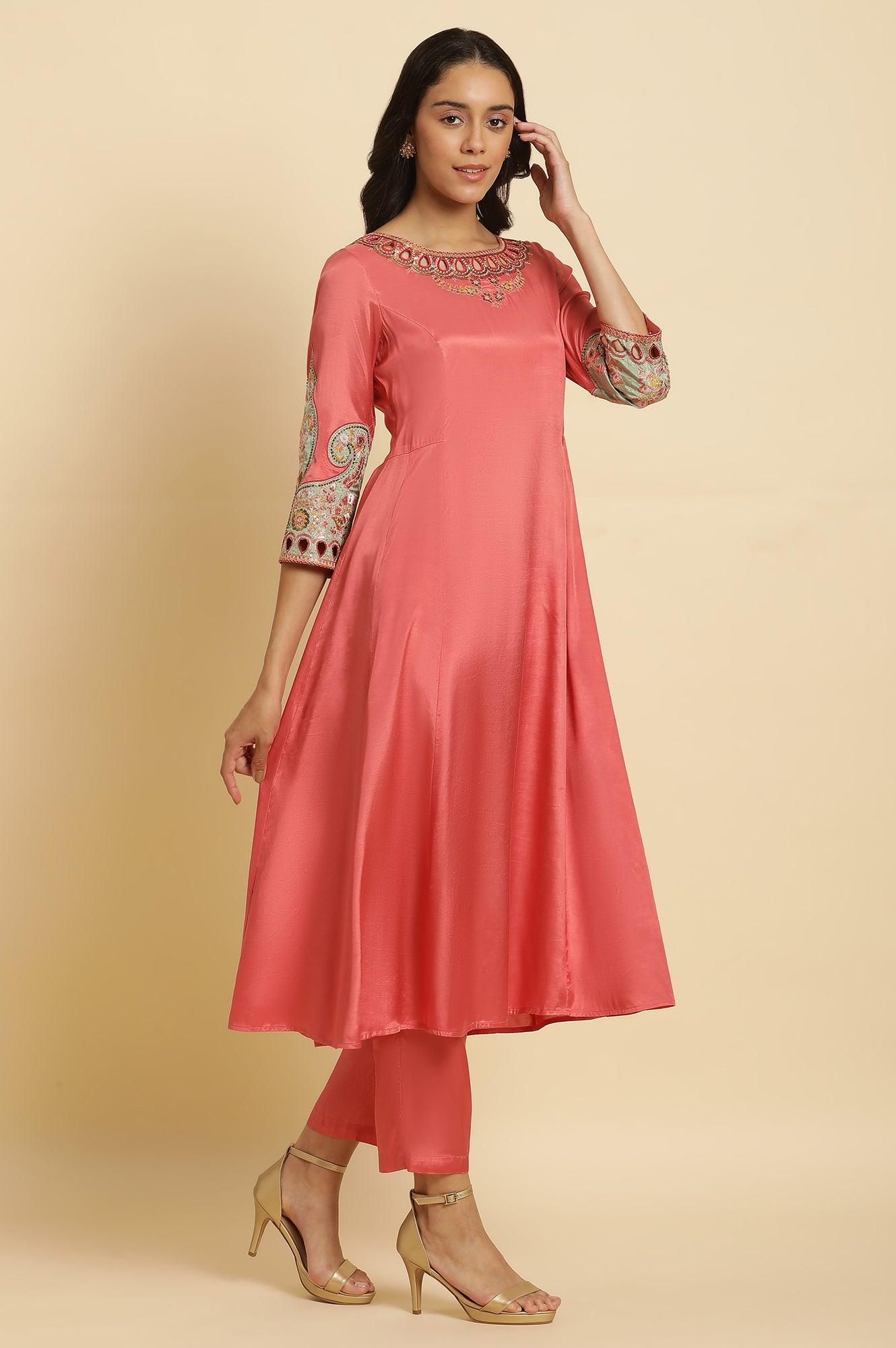 Pink Embroidered Anarkali Kurta, Pants & Printed Dupatta Set - wforwoman
