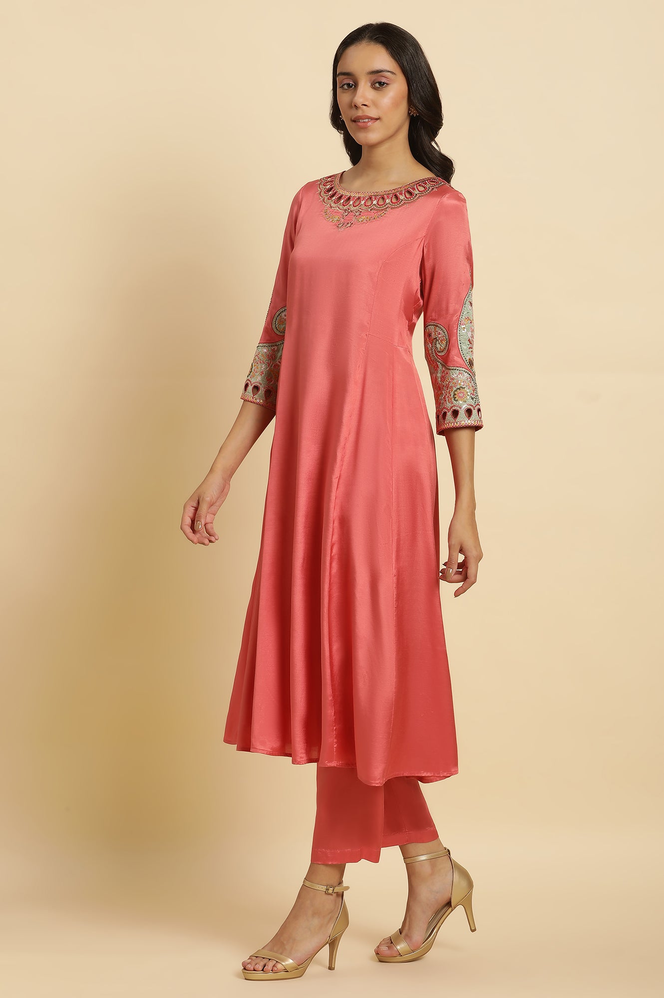 Pink Embroidered Anarkali Kurta, Pants & Printed Dupatta Set - wforwoman