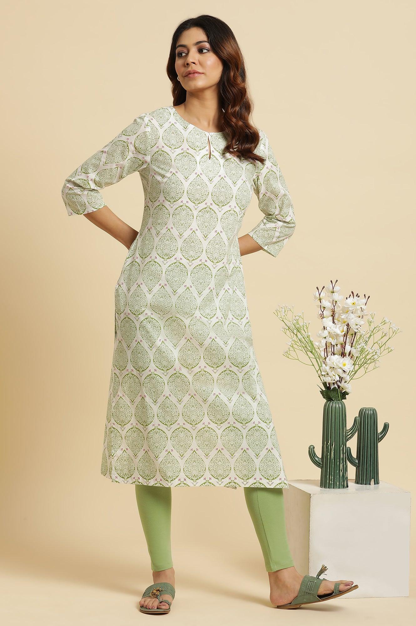 Ecru Straight Cotton Kurta In Green Paisley Print - wforwoman