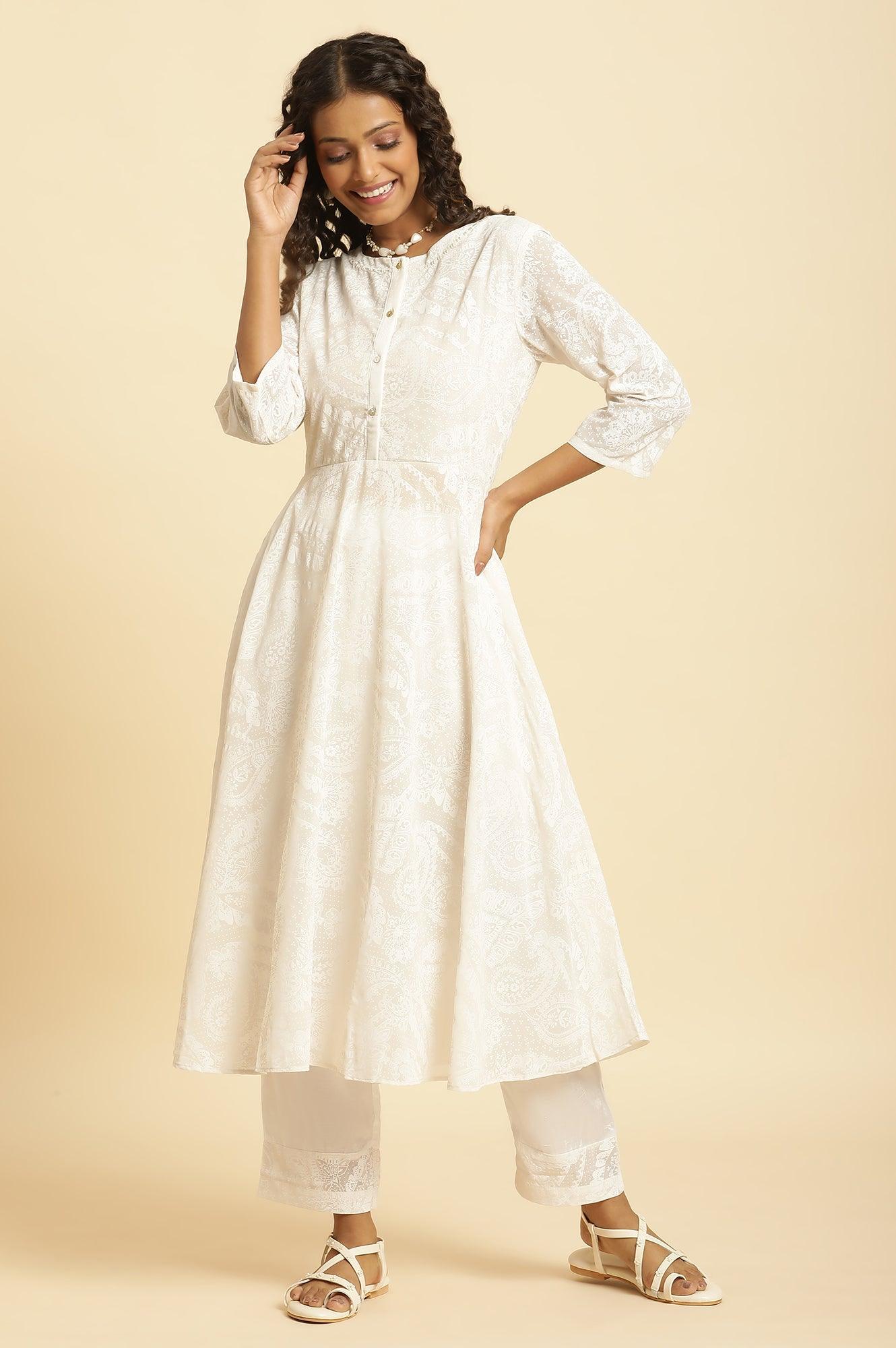 White Printed Flared Kurta And Pants Set - wforwoman
