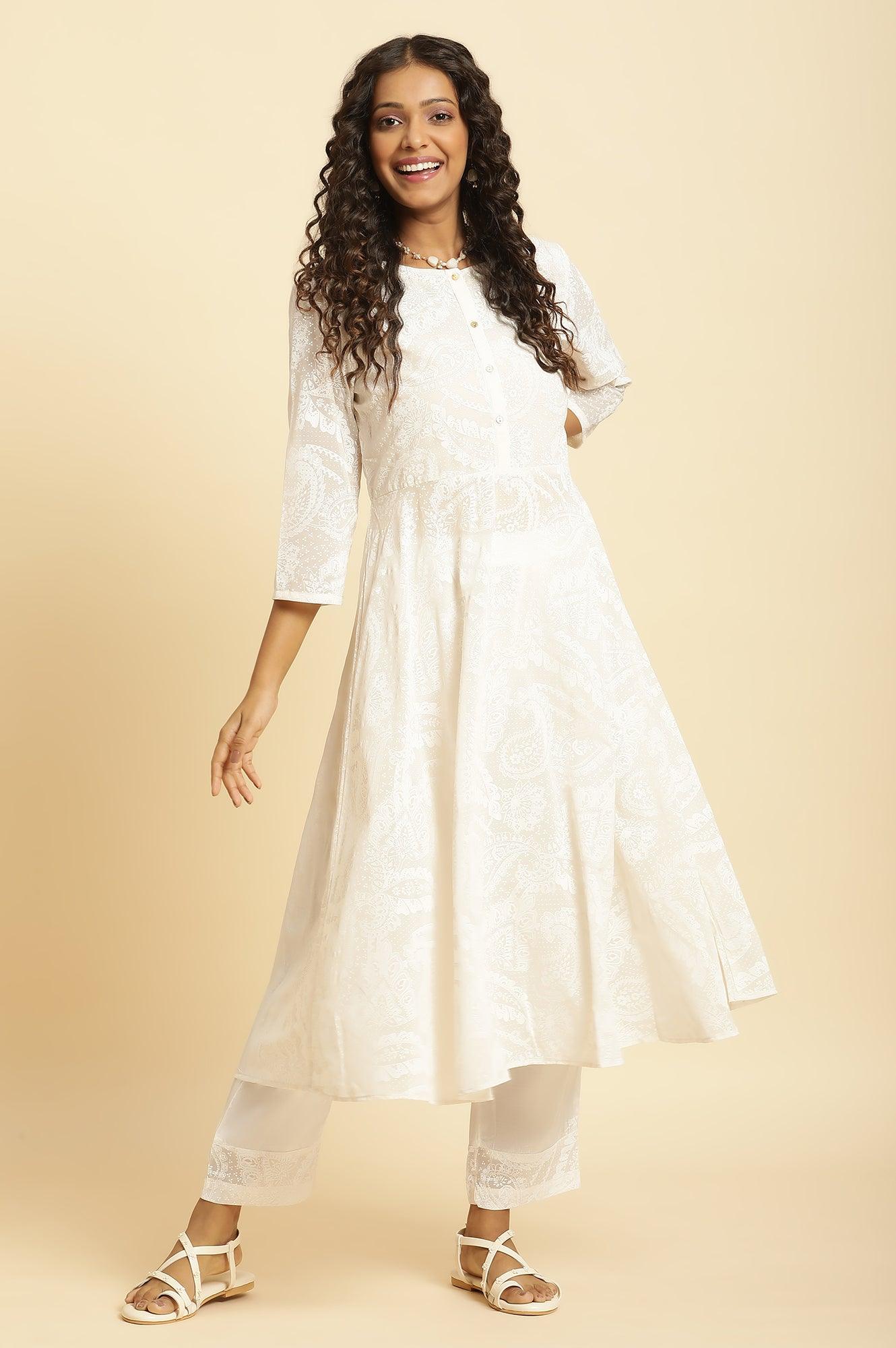 White Printed Flared Kurta And Pants Set - wforwoman