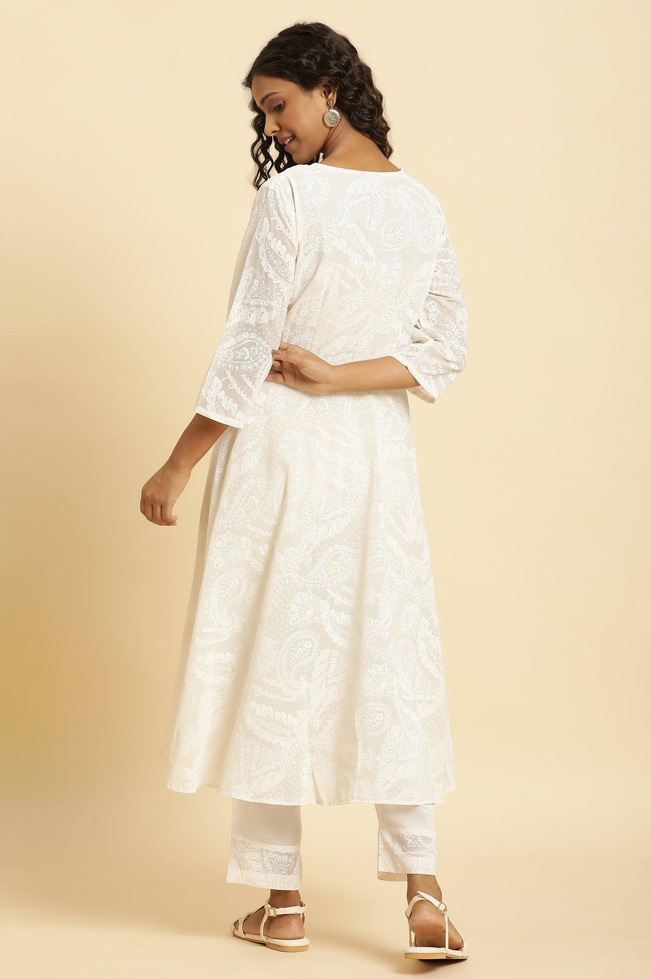 White Printed Flared Kurta And Pants Set - wforwoman