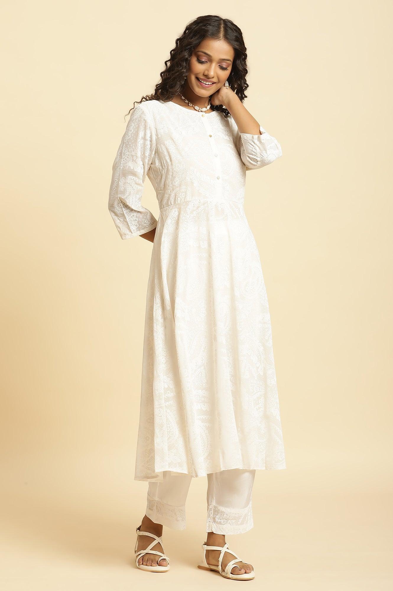 White Printed Flared Kurta And Pants Set - wforwoman