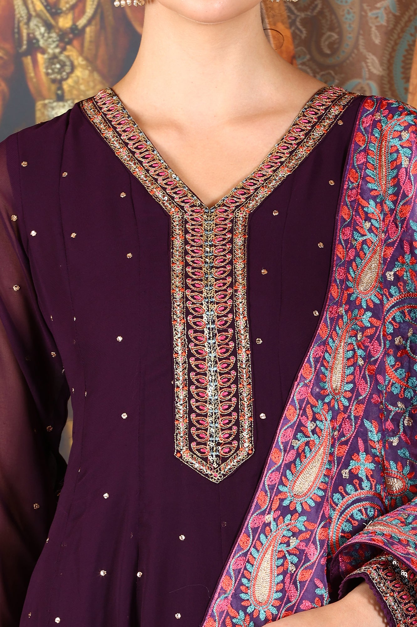 Purple Thread Embroidered Georgette Anarkali Kurta and Churidar Set with Dupatta