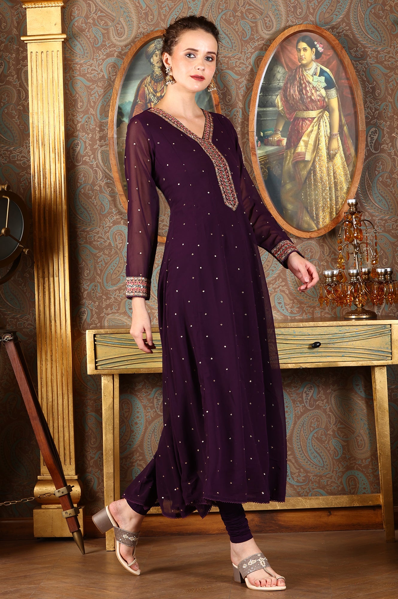 Purple Thread Embroidered Georgette Anarkali Kurta and Churidar Set with Dupatta
