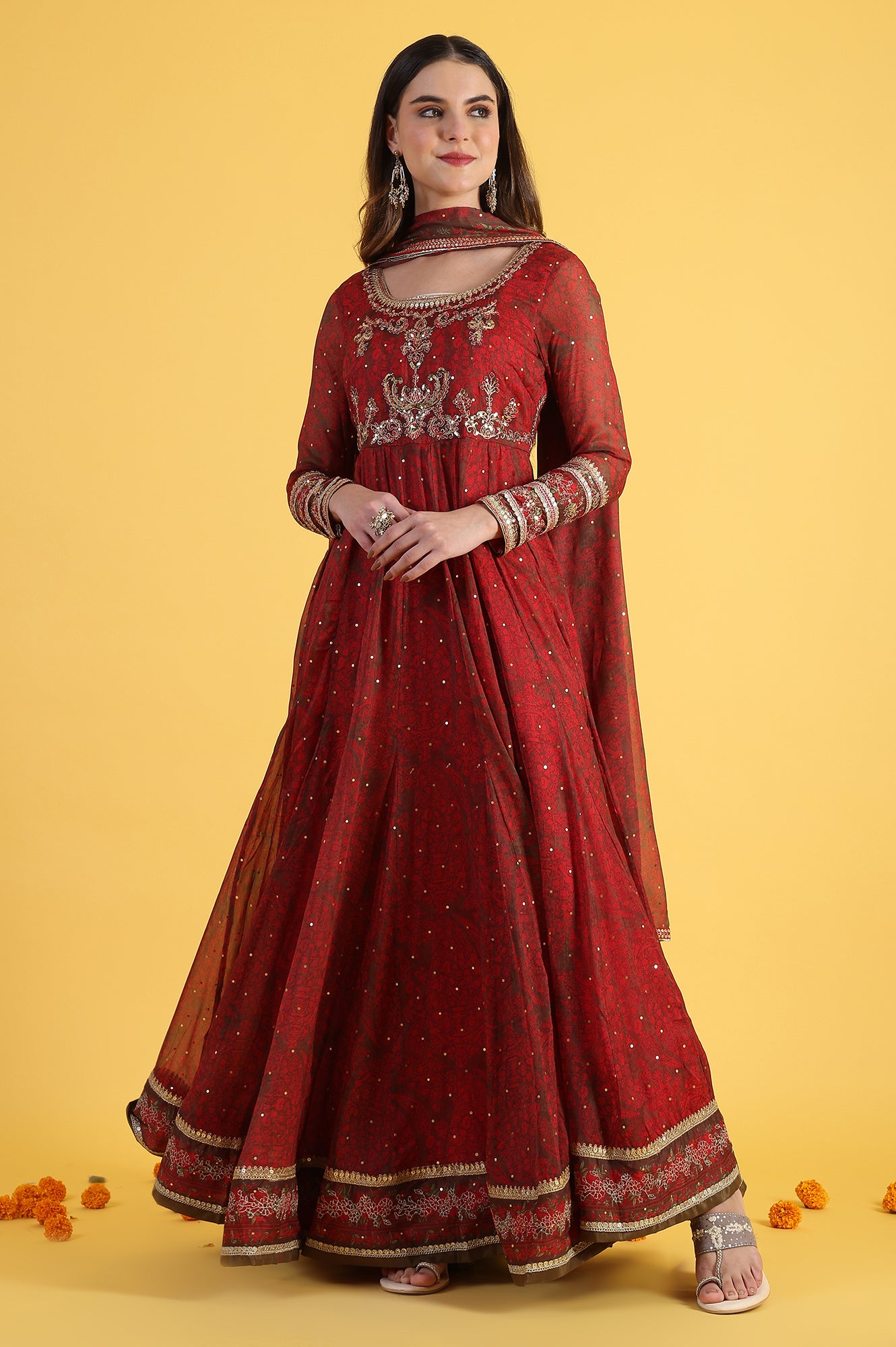 Buy Red Dori Embroidery Chiffon Flared Dresses with Dupatta Set Online for  Woman